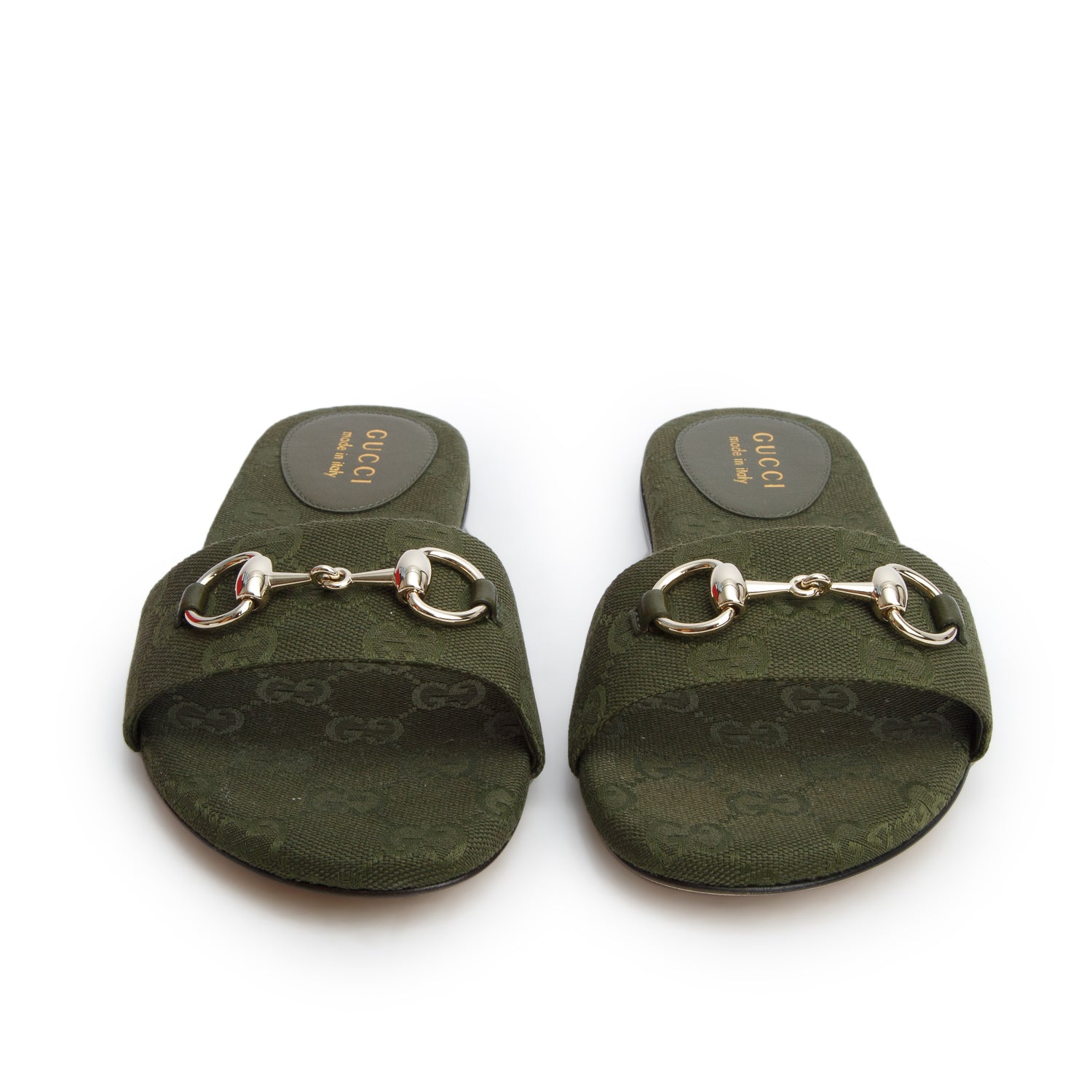 Gucci Green GG Canvas Horsebit Slide Sandals, Size 37 w/ Box