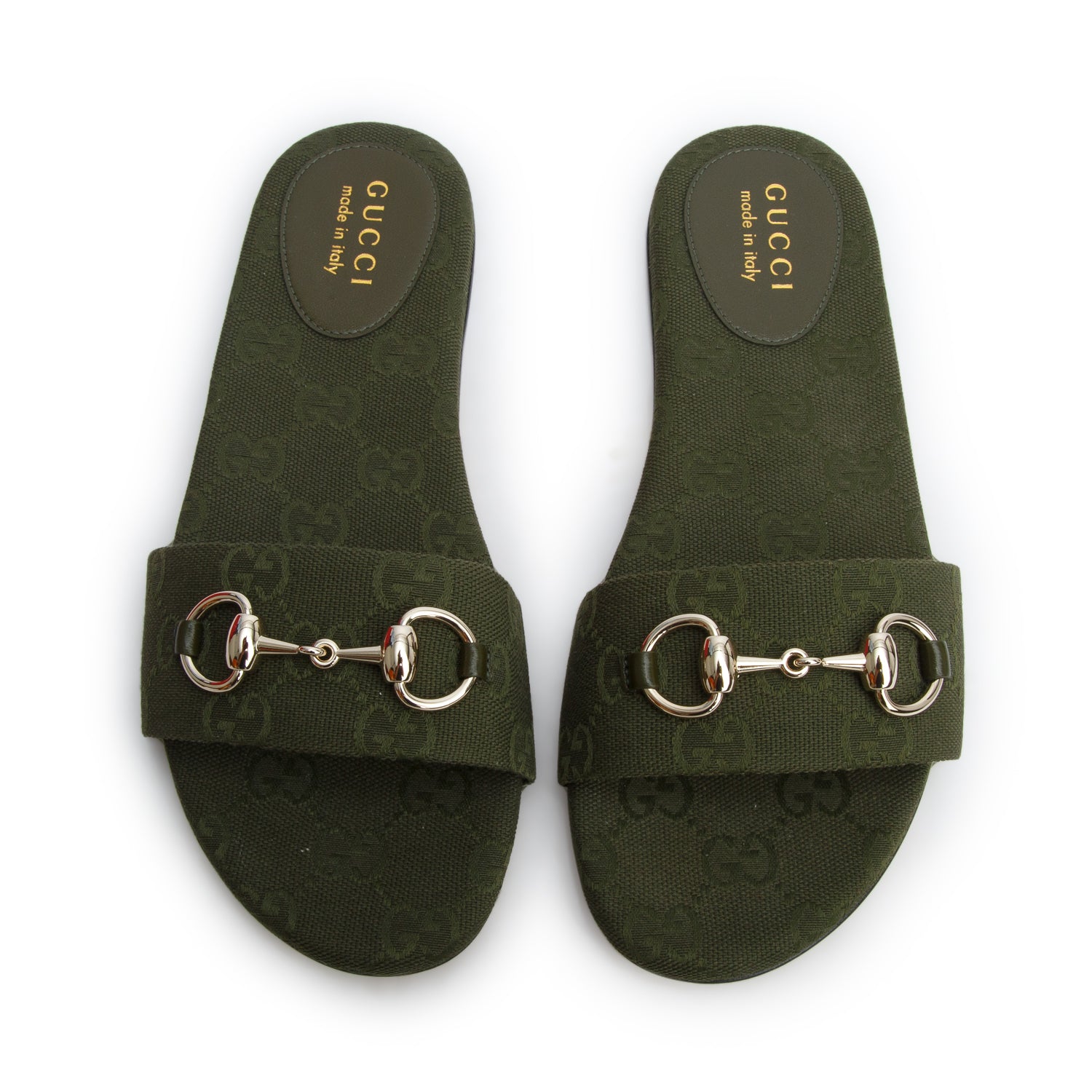 Gucci Green GG Canvas Horsebit Slide Sandals, Size 37 w/ Box