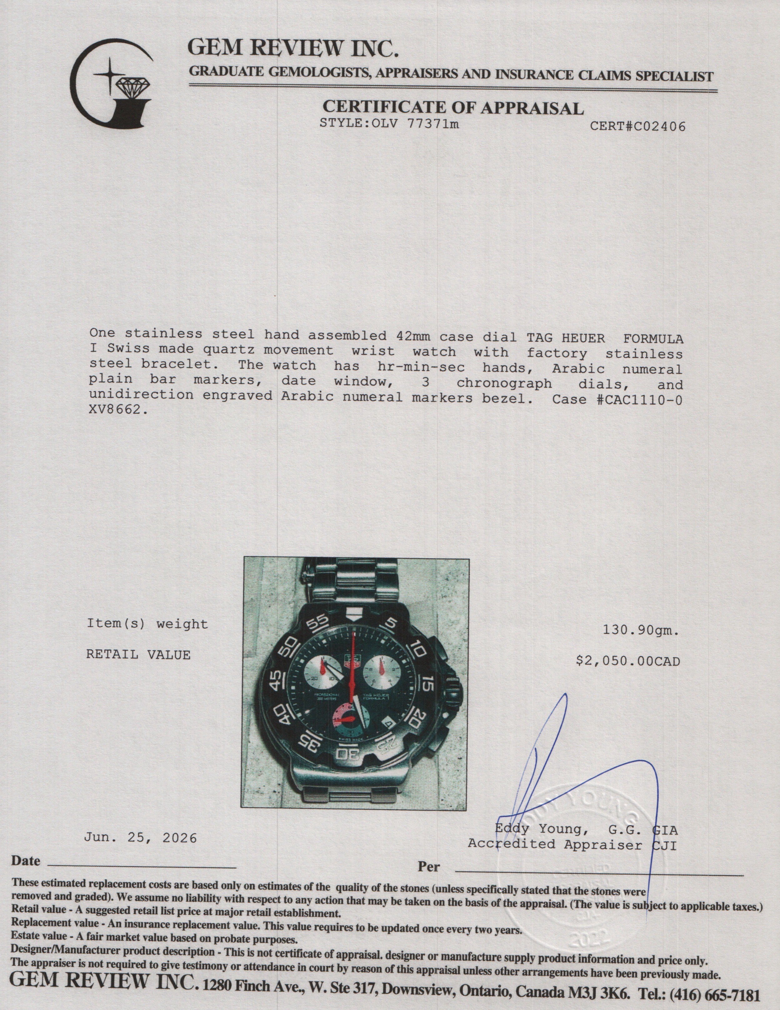 Tag Heuer Stainless Steel Formula 1 42 MM Chronograph Quartz Watch CAC1110-0 w/ Case & Papers