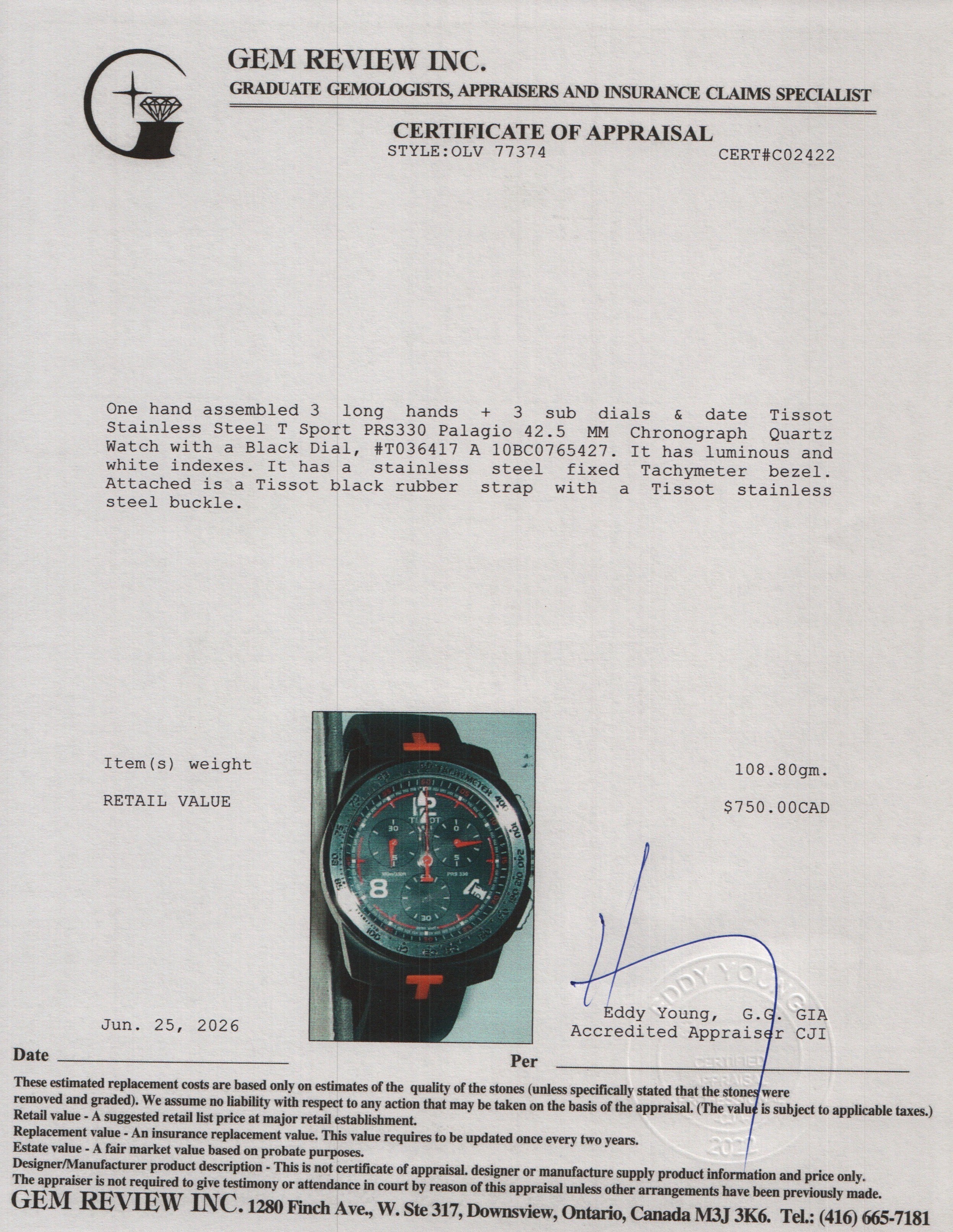 Tissot Stainless Steel T Sport PRS330 Palagio 42.5 MM Chronograph Quartz Watch Black Dial w/ Box & Papers