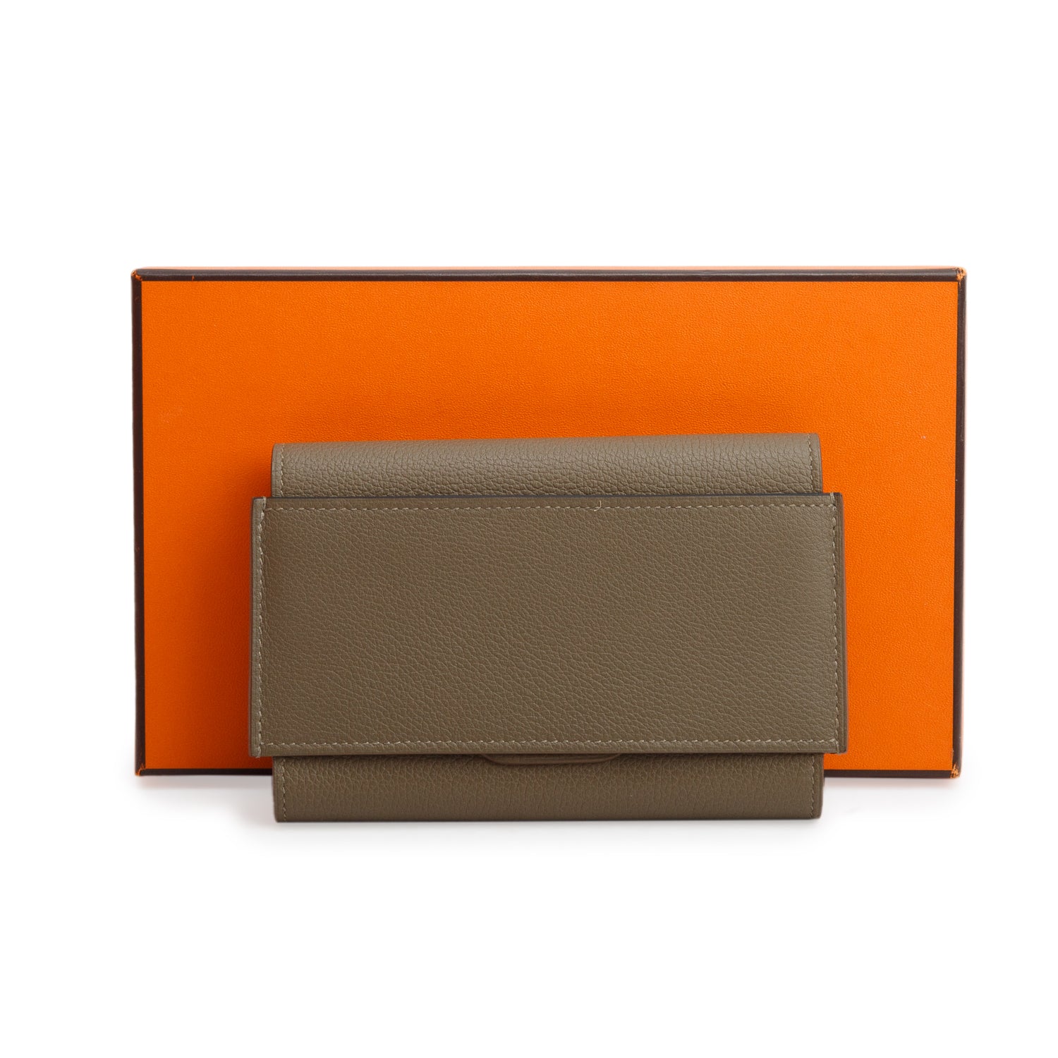 Hermes Etoupe Veau Evercolor Compact Wallet w/ Box, Pouch & Receipt