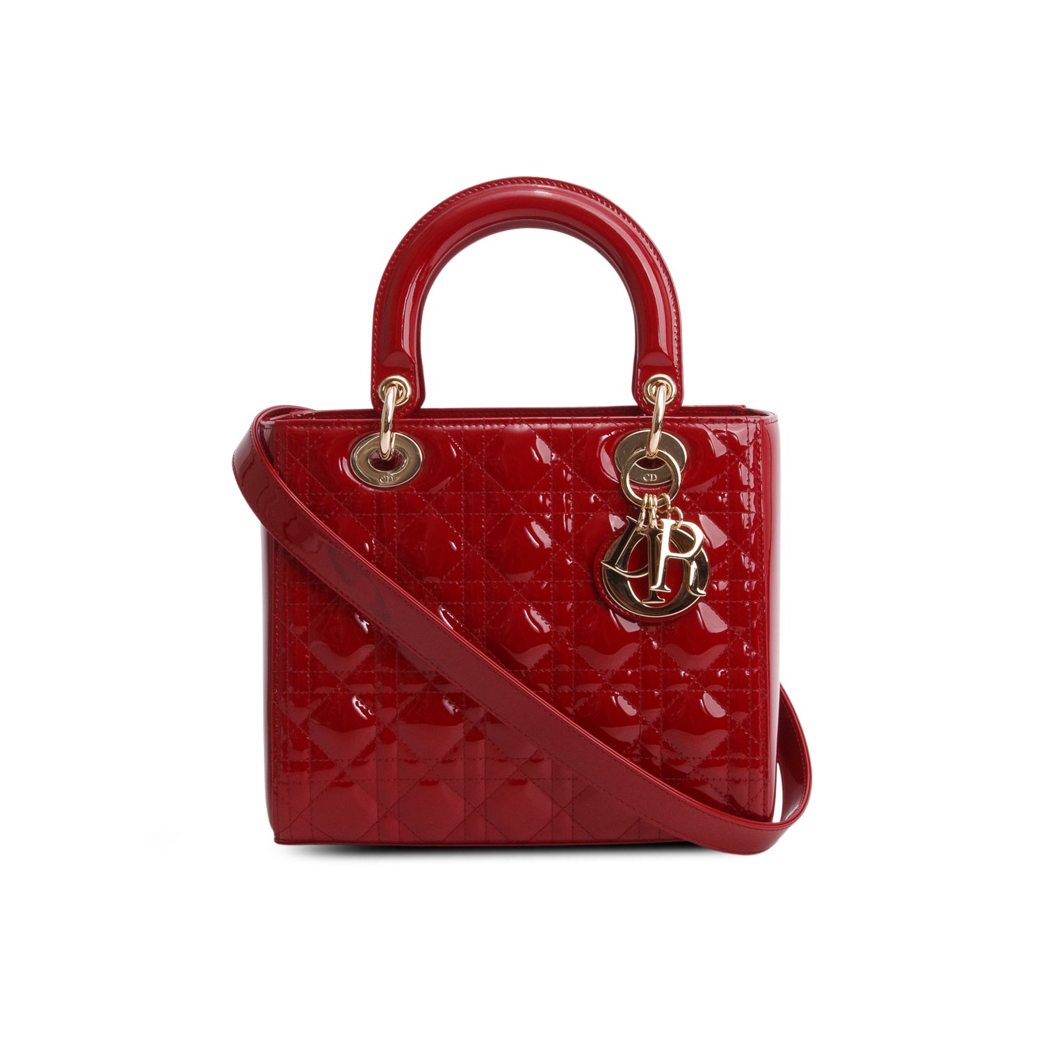 Christian Dior 2020 Red Patent Leather Cannage Medium Lady Dior Bag w/ Strap