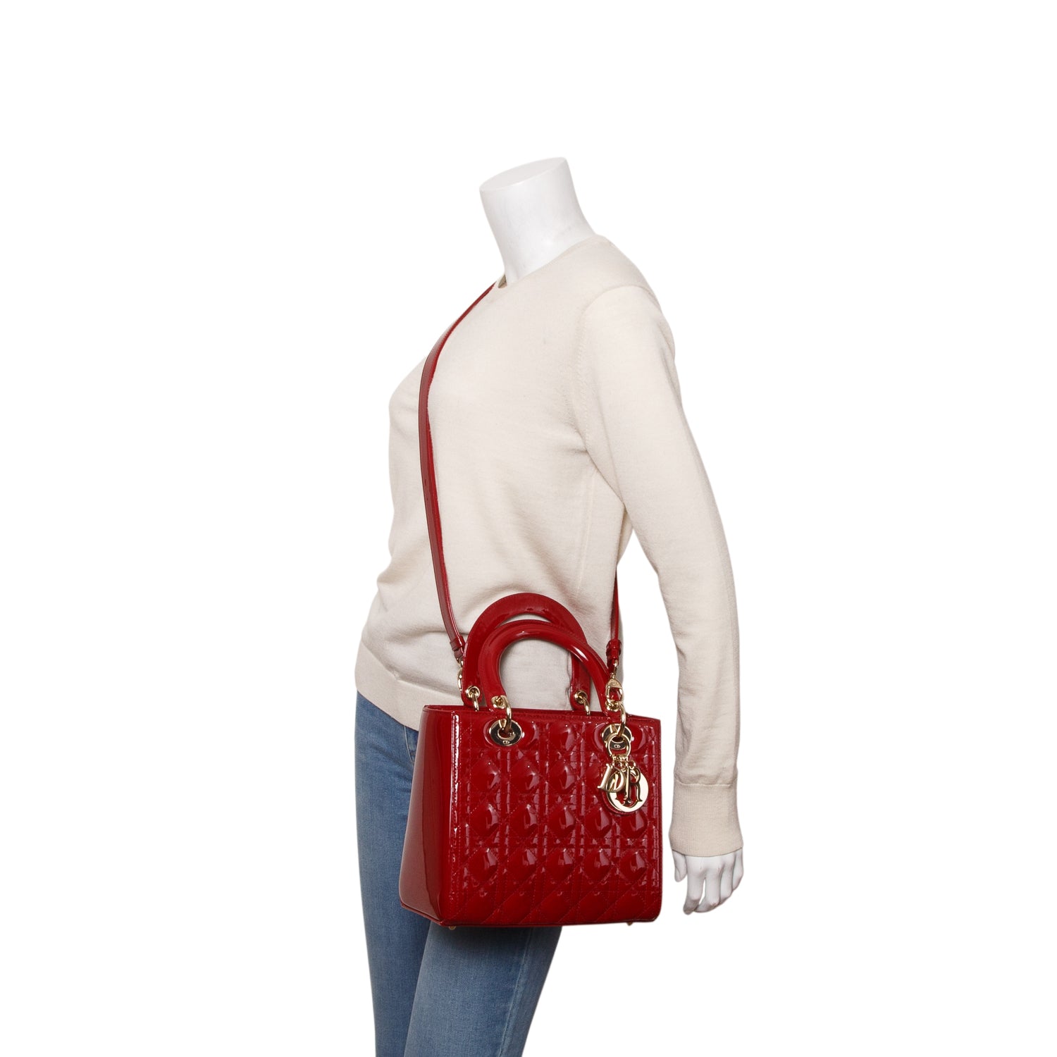 Christian Dior 2020 Red Patent Leather Cannage Medium Lady Dior Bag w/ Strap