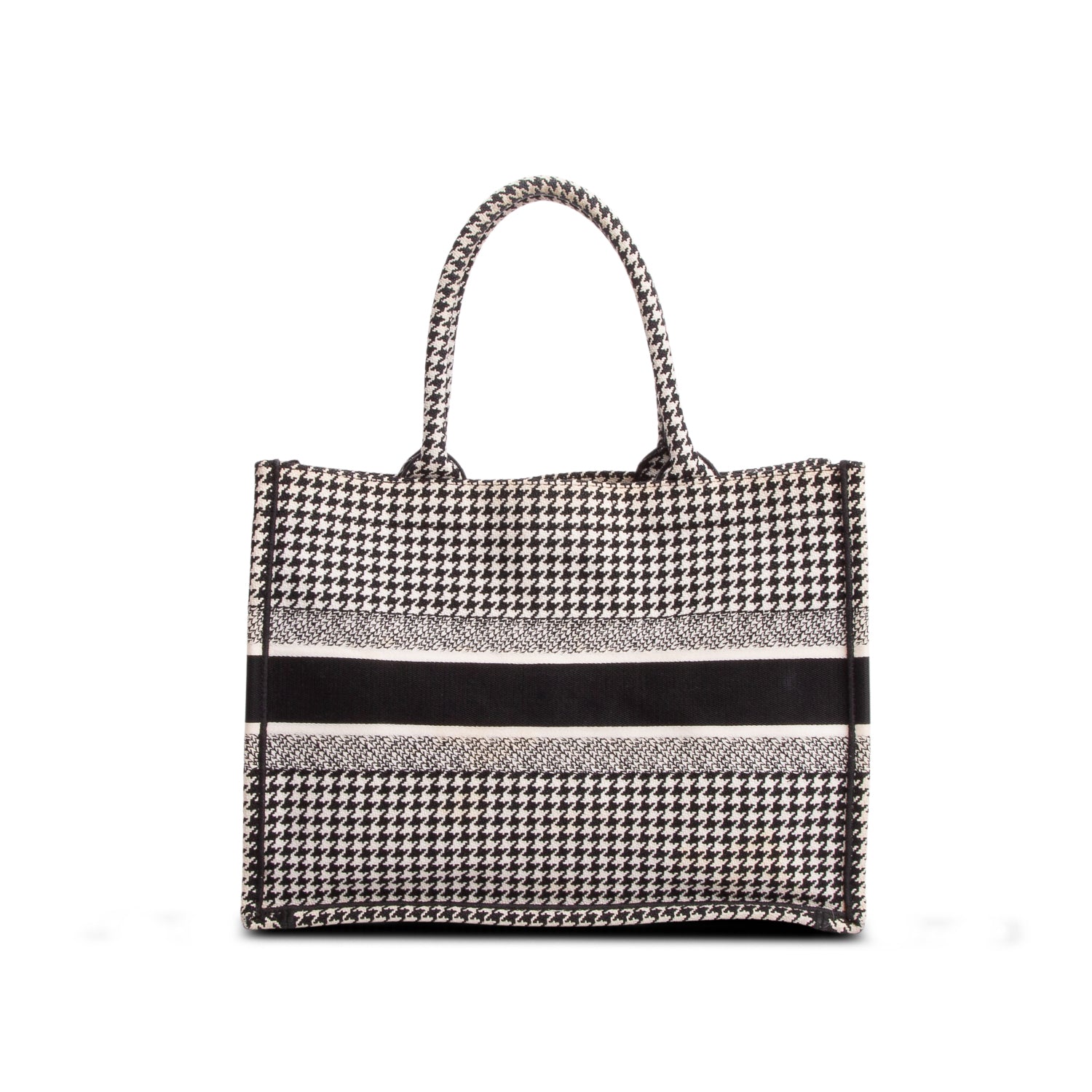Christian Dior 2020 Black White Canvas Macro Houndstooth Embroidered Medium Book Tote