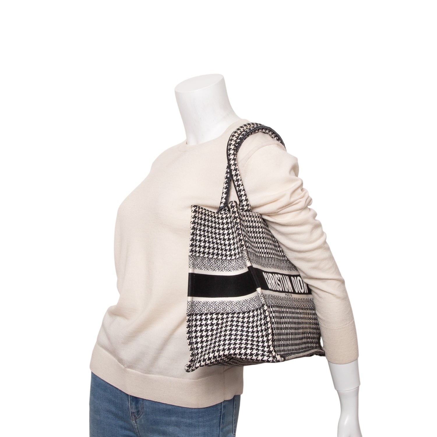 Christian Dior 2020 Black White Canvas Macro Houndstooth Embroidered Medium Book Tote