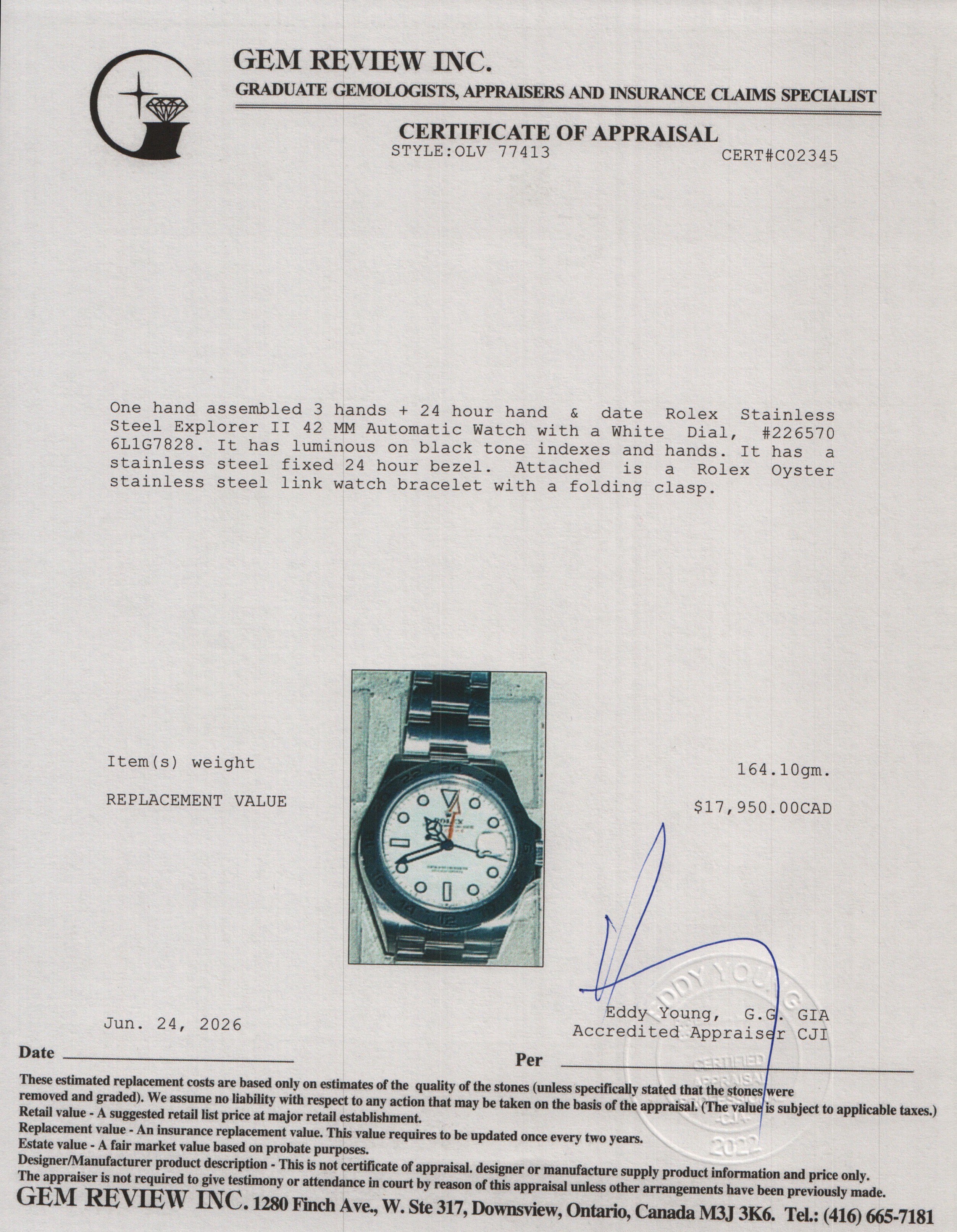 Rolex 2026 Stainless Steel Explorer II 42 MM Automatic Watch White Dial 226570 w/ Box & Papers