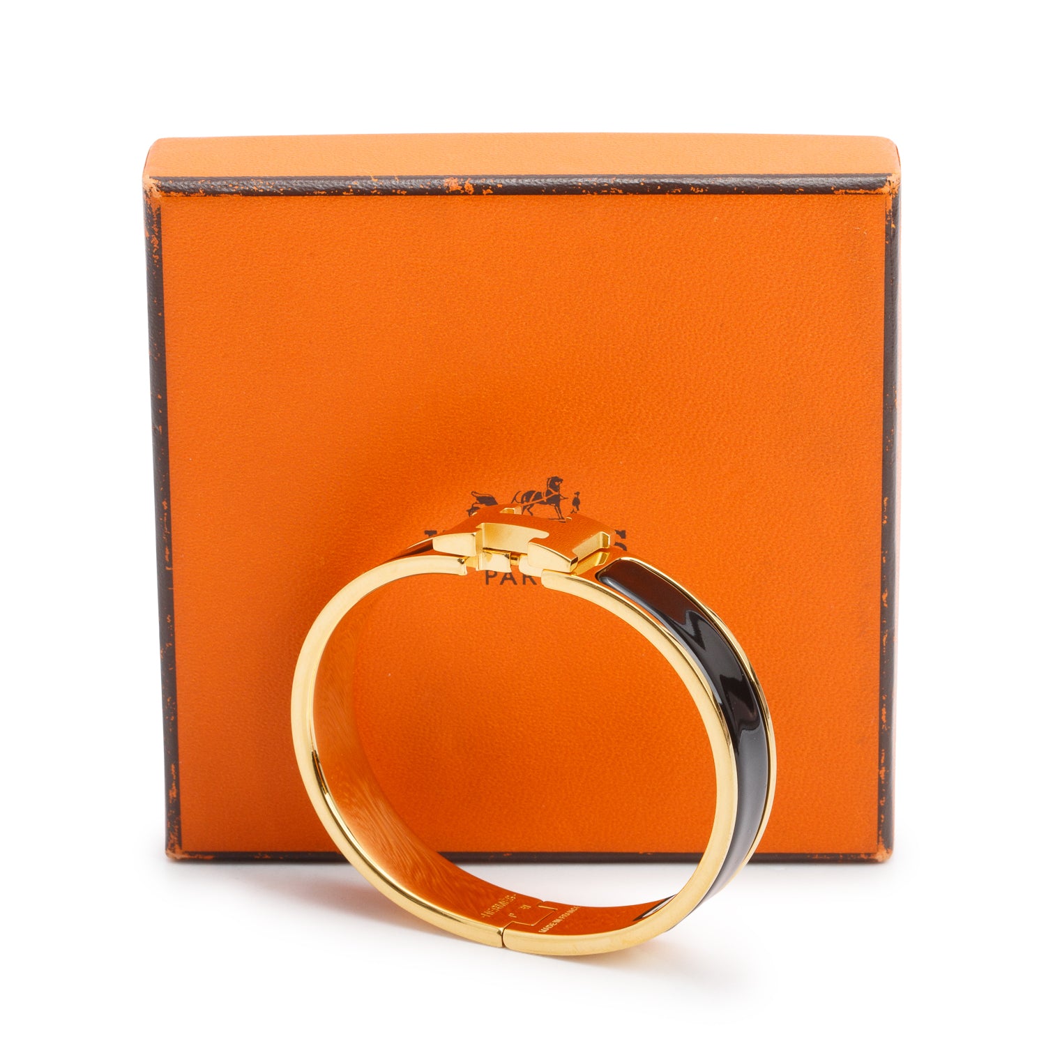 Hermes Gold Plated Black Enamel 12 MM Clic H Bracelet w/ Box