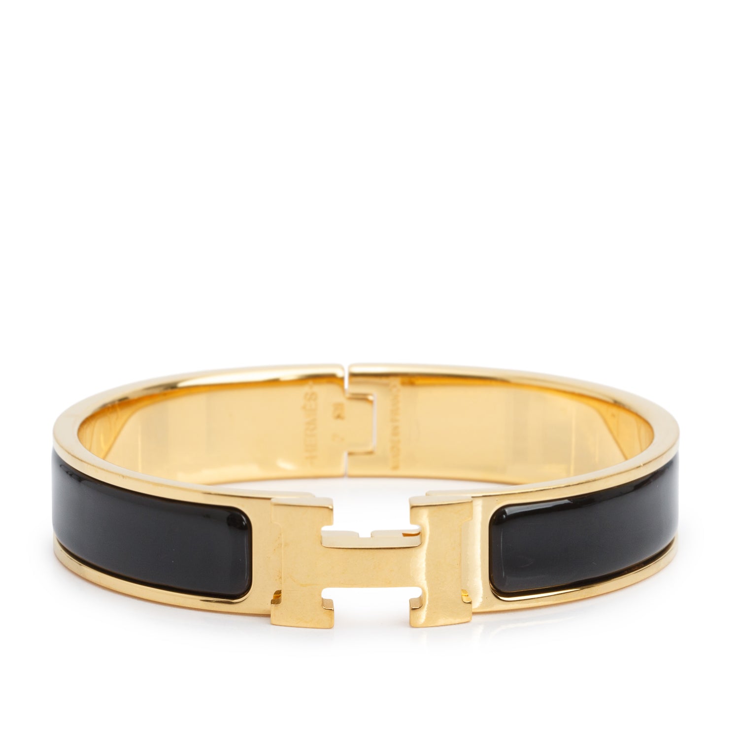 Hermes Gold Plated Black Enamel 12 MM Clic H Bracelet w/ Box