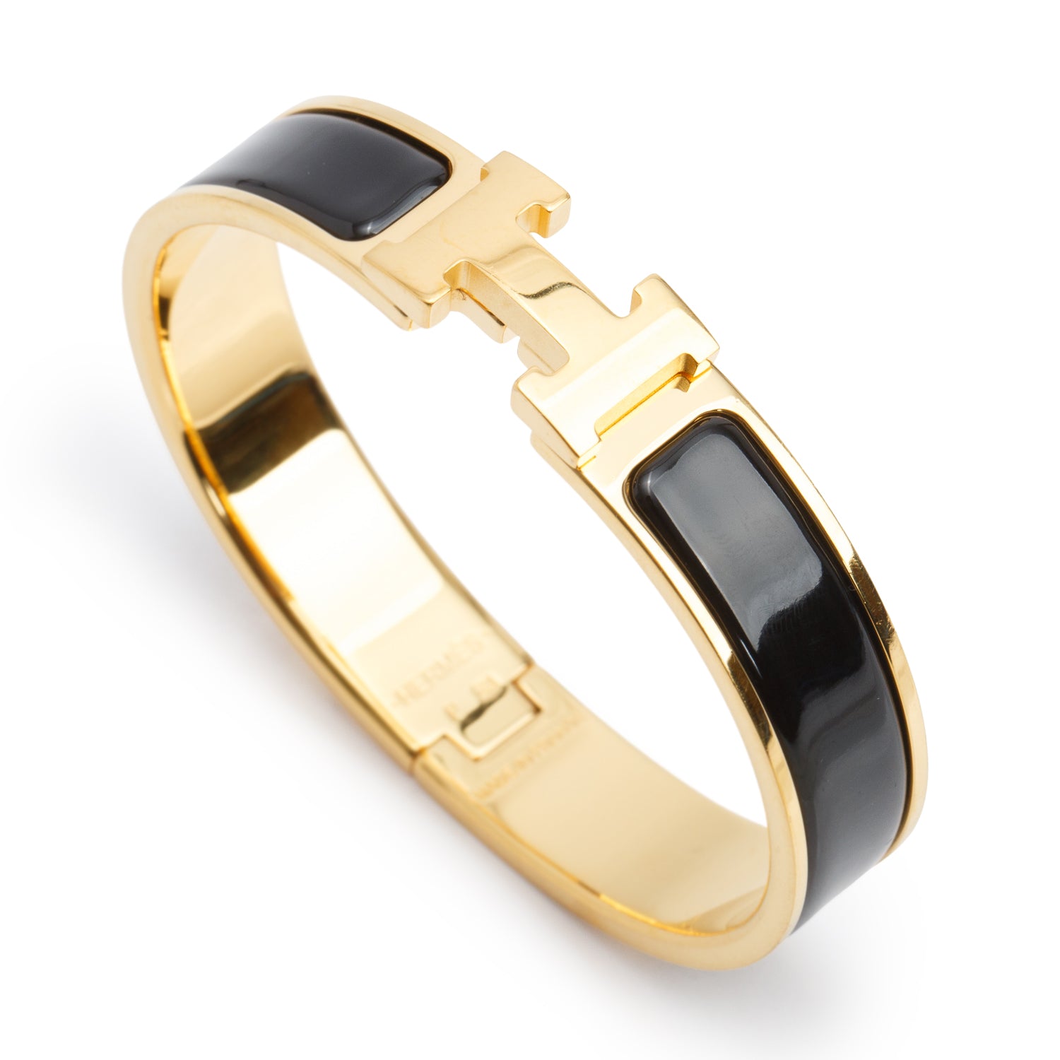 Hermes Gold Plated Black Enamel 12 MM Clic H Bracelet w/ Box