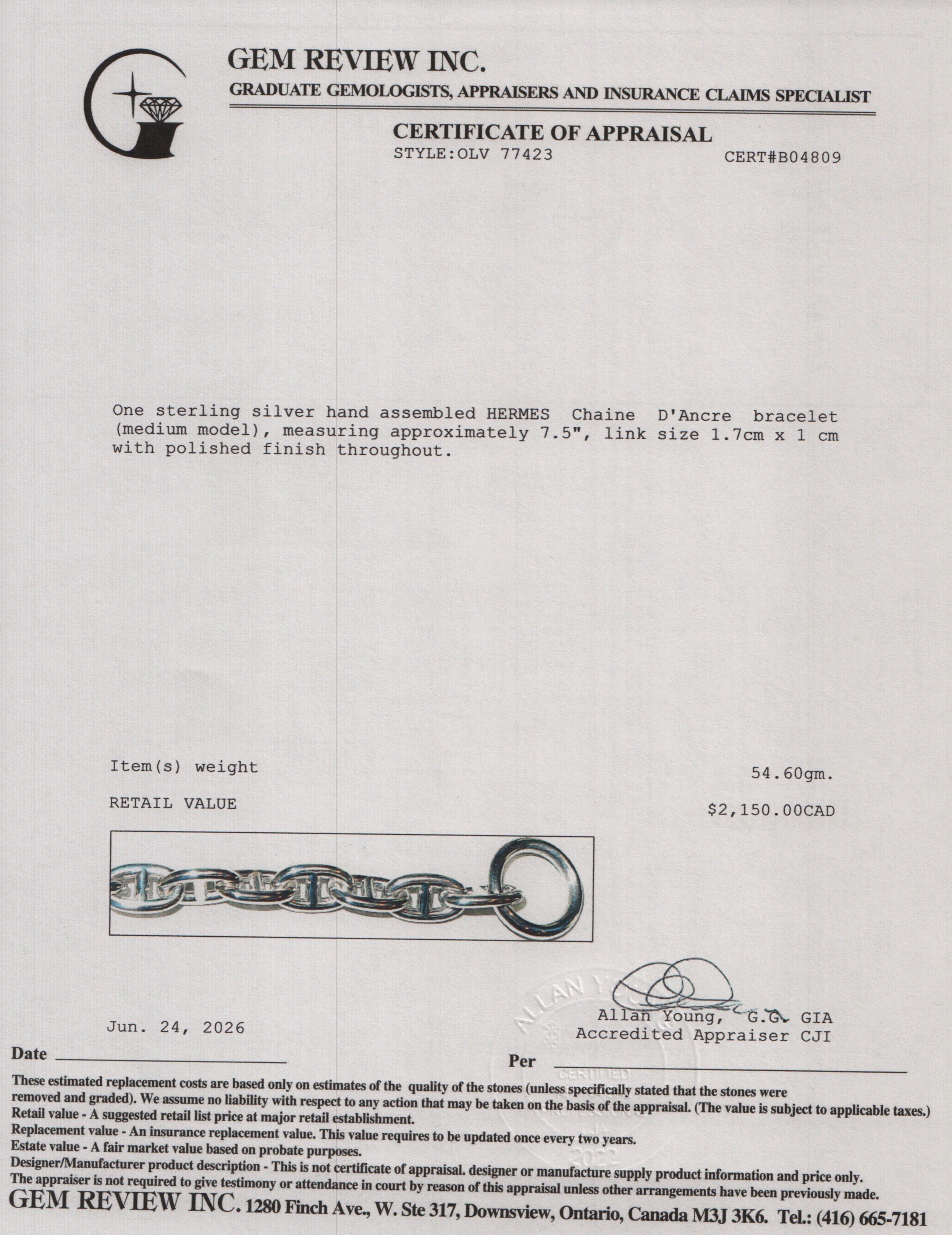 Hermes Sterling Silver Chaine D'Ancre Bracelet, Medium Model w/ Box