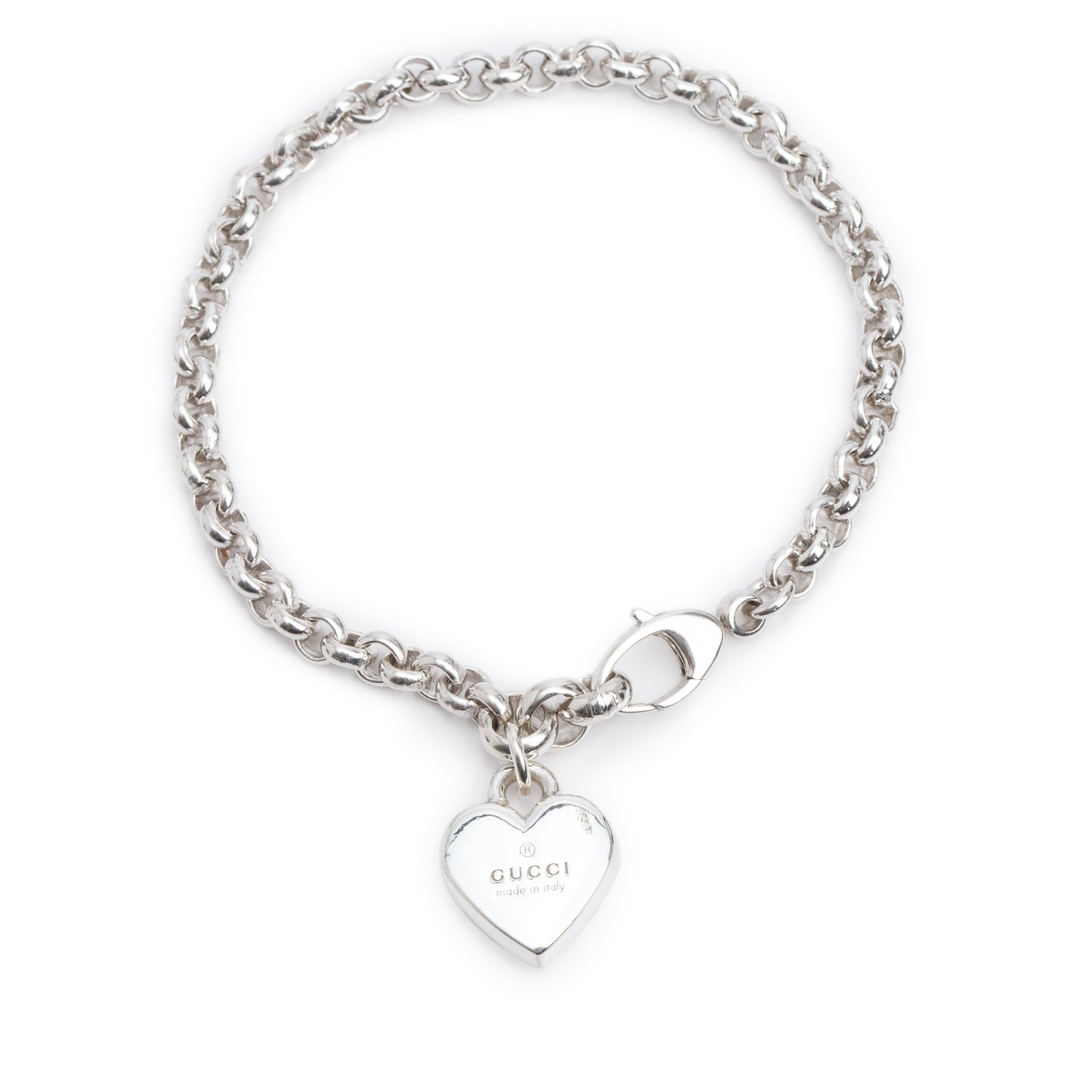Gucci Sterling Silver Logo Heart Charm Bracelet w/ Box