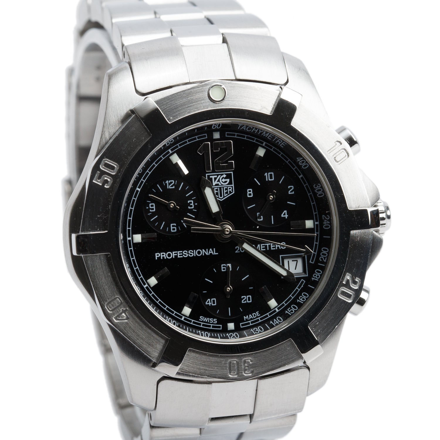 Tag Heuer Stainless Steel 2000 Series Professional 200M 39 MM Chronograph Quartz Watch Black Dial CN1110