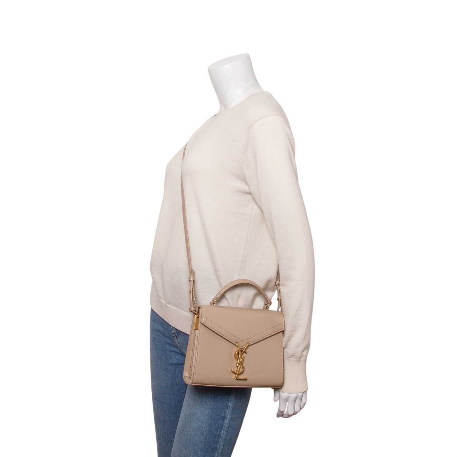 Saint Laurent 2023 Beige Grain de Poudre Mini Classic Monogram Cassandre Top Handle w/ Strap