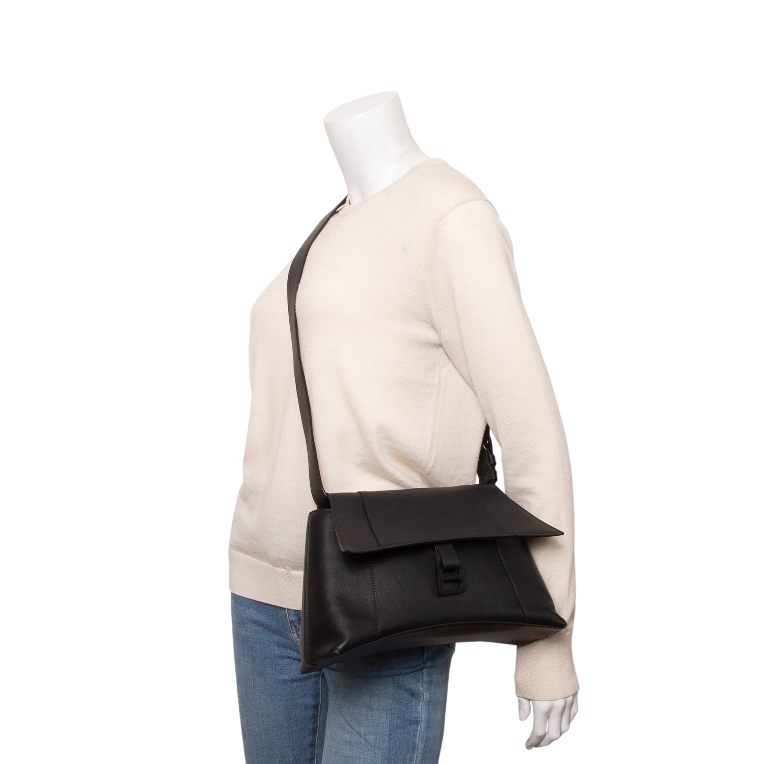 Balenciaga Black Semi Matte Soft Textured Calfskin Downtown Shoulder Bag