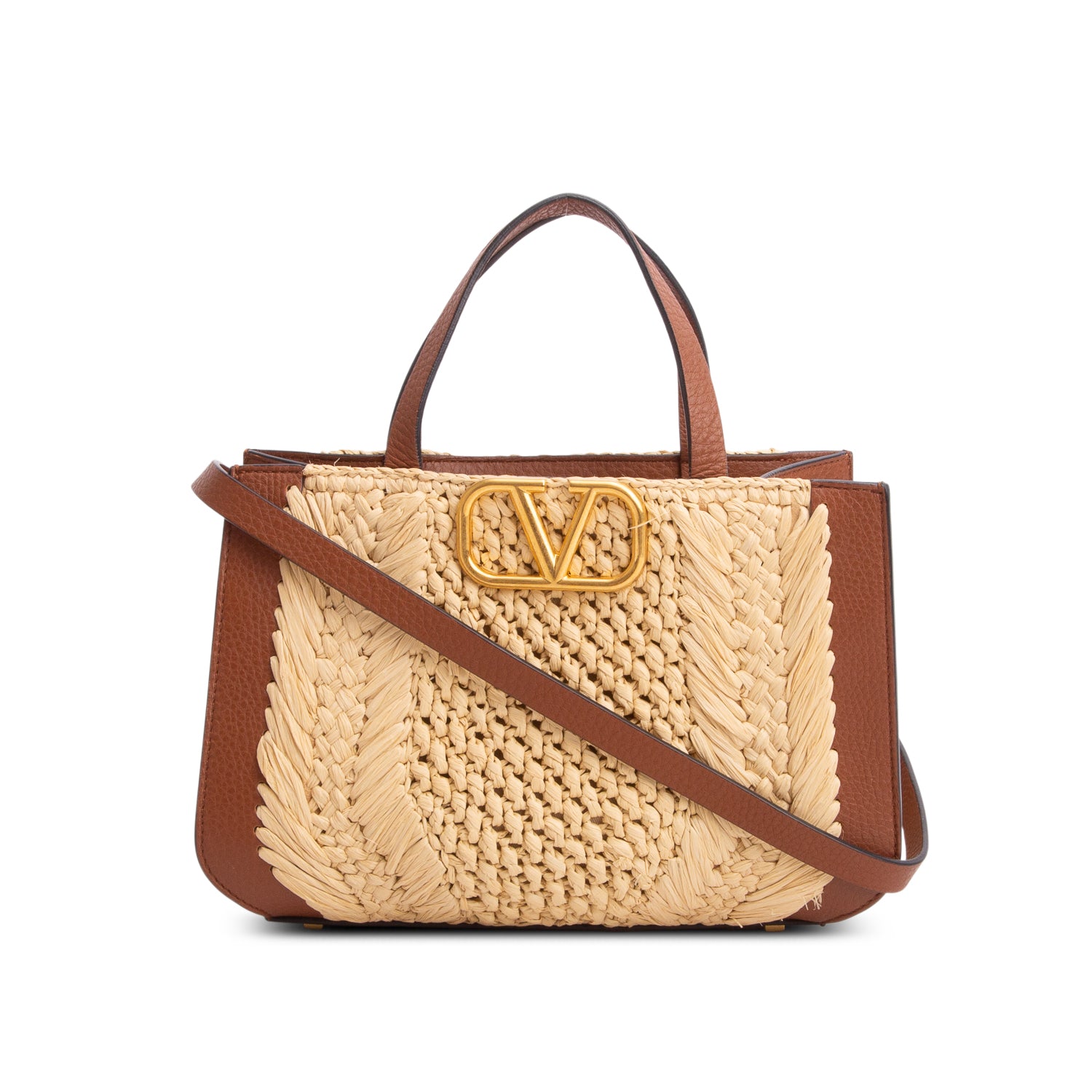 Valentino Garavani Raffia Calfskin Small Vlogo Signature Tote w/ Strap