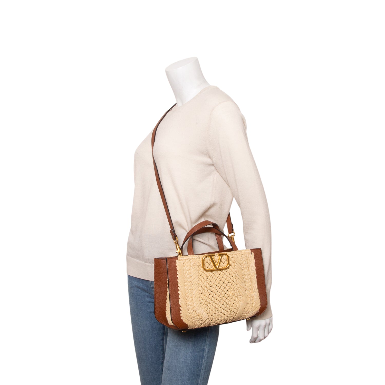Valentino Garavani Raffia Calfskin Small Vlogo Signature Tote w/ Strap