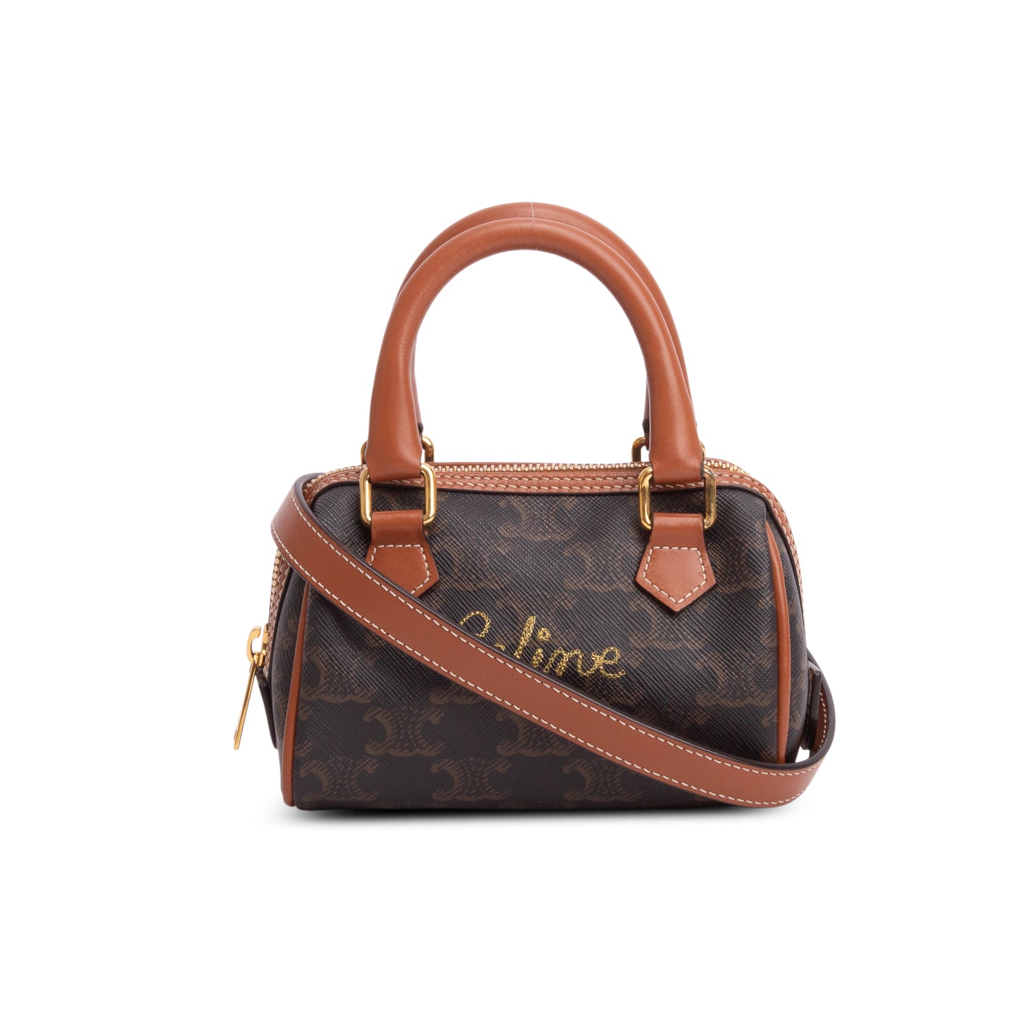 Celine 2020 Triomphe Canvas Calfskin Mini Boston Bag w/ Strap