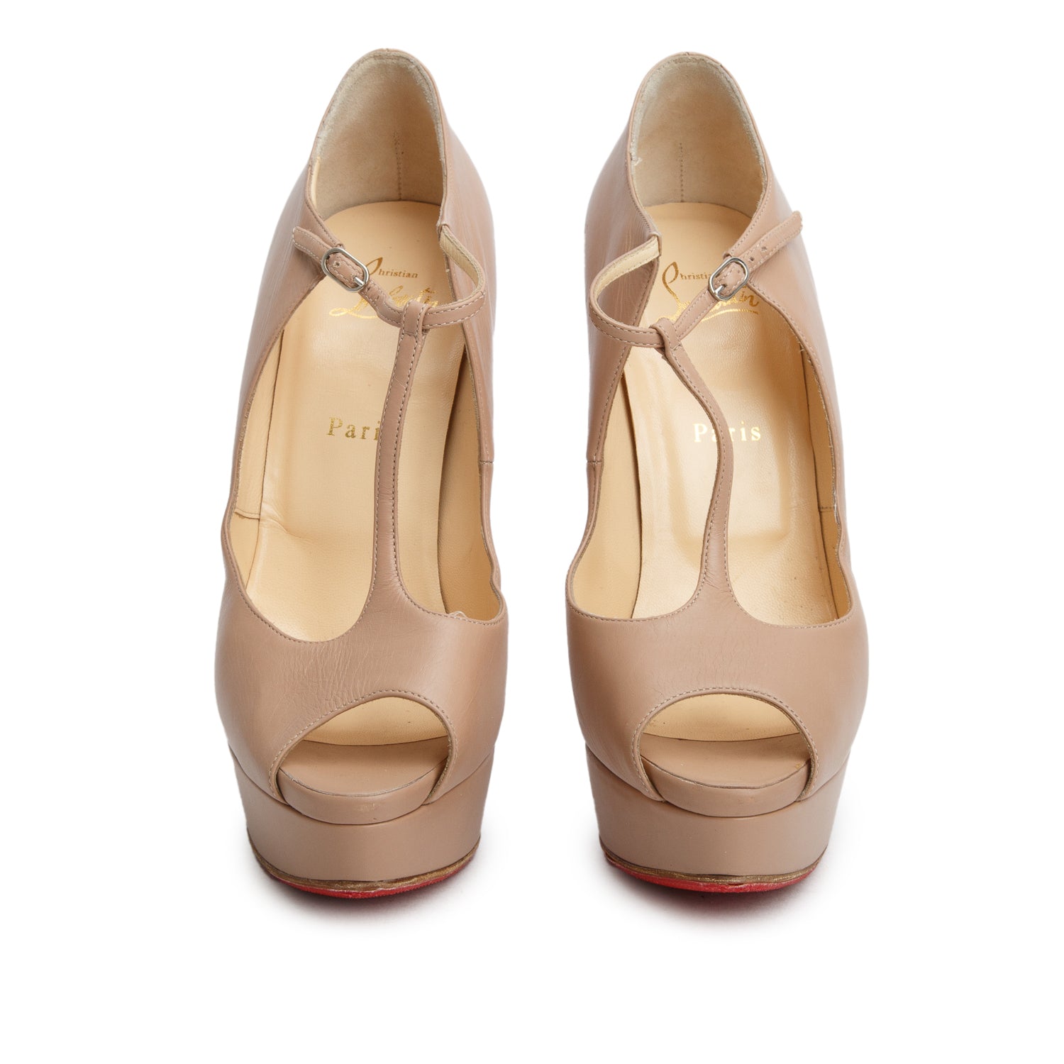 Christian Louboutin Nude Calf Leather Altapoppins 150 T-Strap Pumps, Size 40