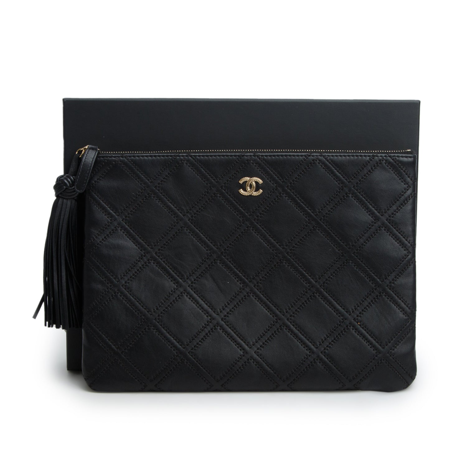 Chanel Black Lambskin Quilted Double Stich O-Case w/ Box & Authenticity Card
