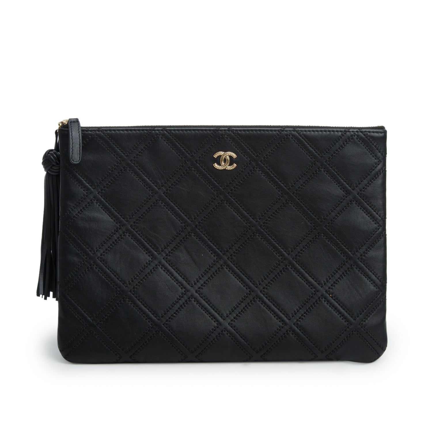 Chanel Black Lambskin Quilted Double Stich O-Case w/ Box & Authenticity Card