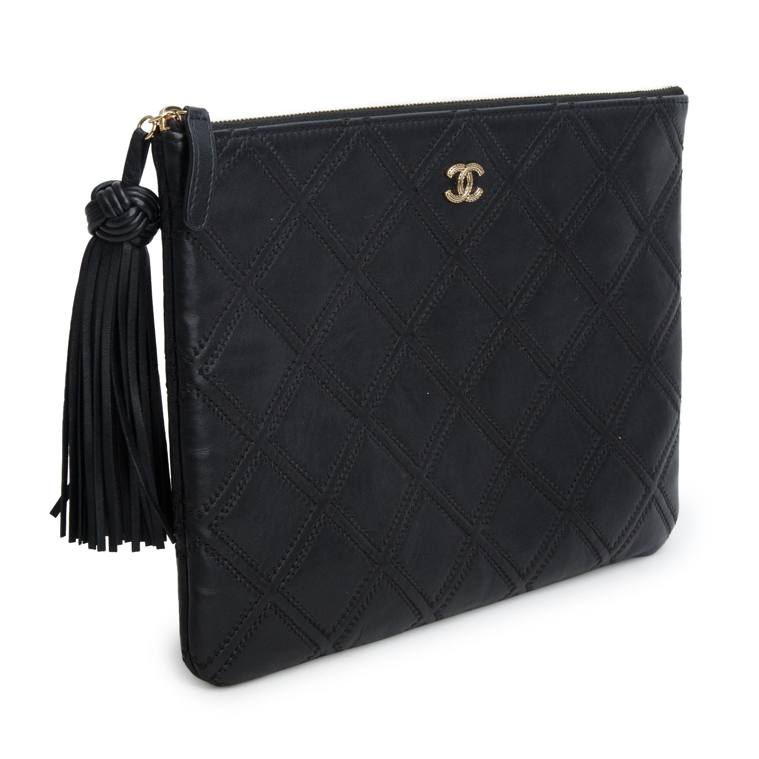 Chanel Black Lambskin Quilted Double Stich O-Case w/ Box & Authenticity Card