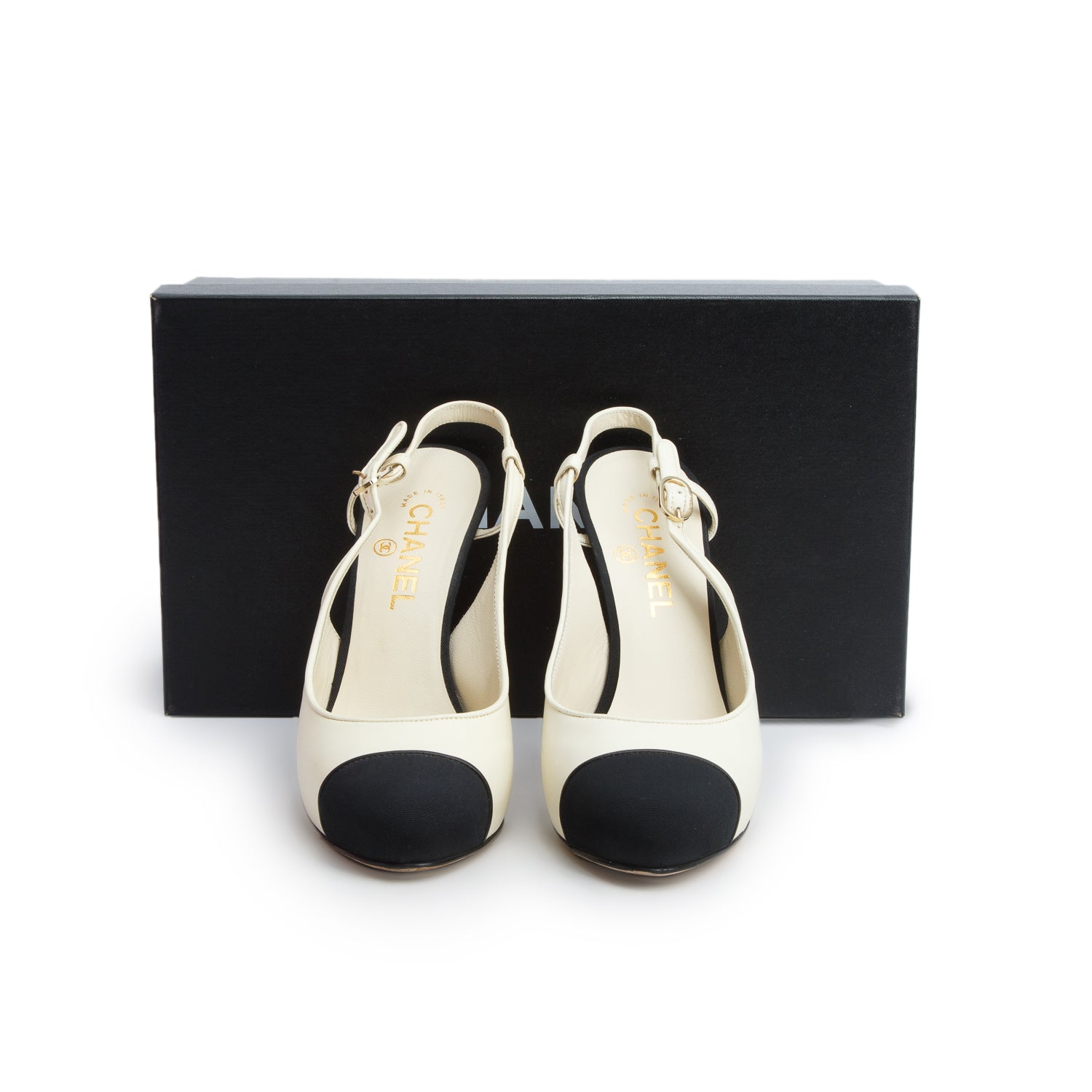 Chanel Cream/Black Lambskin Cap Toe CC Slingback Pumps, Women's Size 39 w/ Box