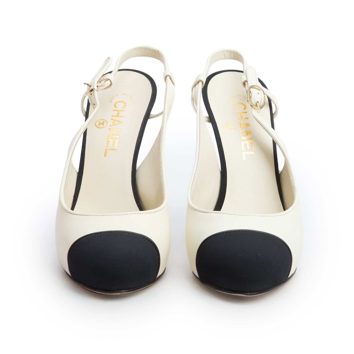 Chanel Cream/Black Lambskin Cap Toe CC Slingback Pumps, Women's Size 39 w/ Box