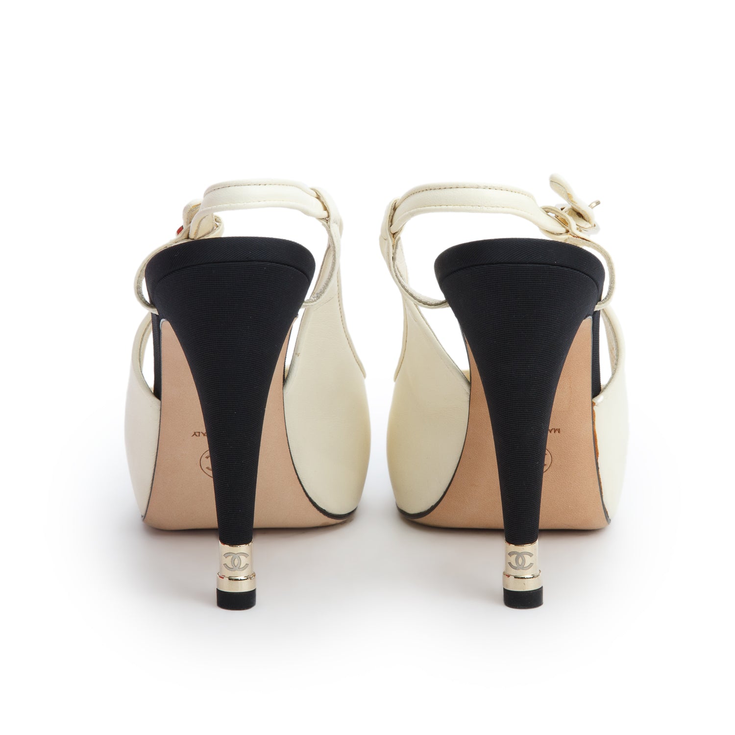 Chanel Cream/Black Lambskin Cap Toe CC Slingback Pumps, Women's Size 39 w/ Box