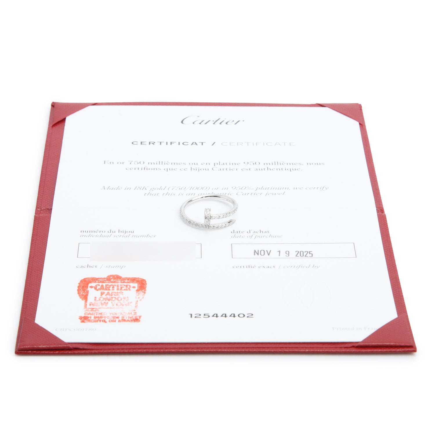 Cartier 2025 18k White Gold Half-Paved Diamond Juste Un Clou Ring, Small Model Size 52 6 w/ Pouch, Receipt & Certificate