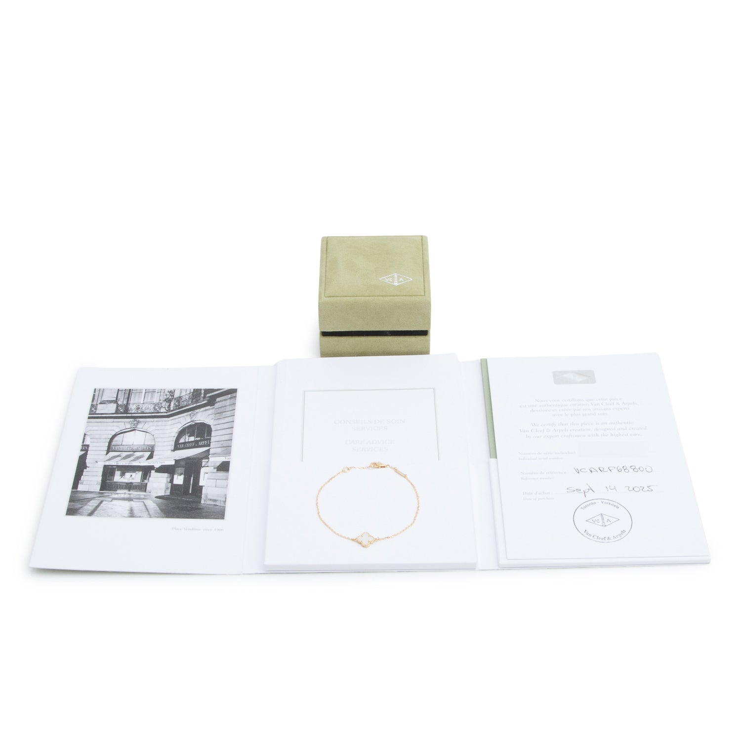 Van Cleef & Arpels 2025 18k Yellow Gold Sweet Alhambra 1 Motif Mother of Pearl Bracelet w/ Box, Receipt & Certificate