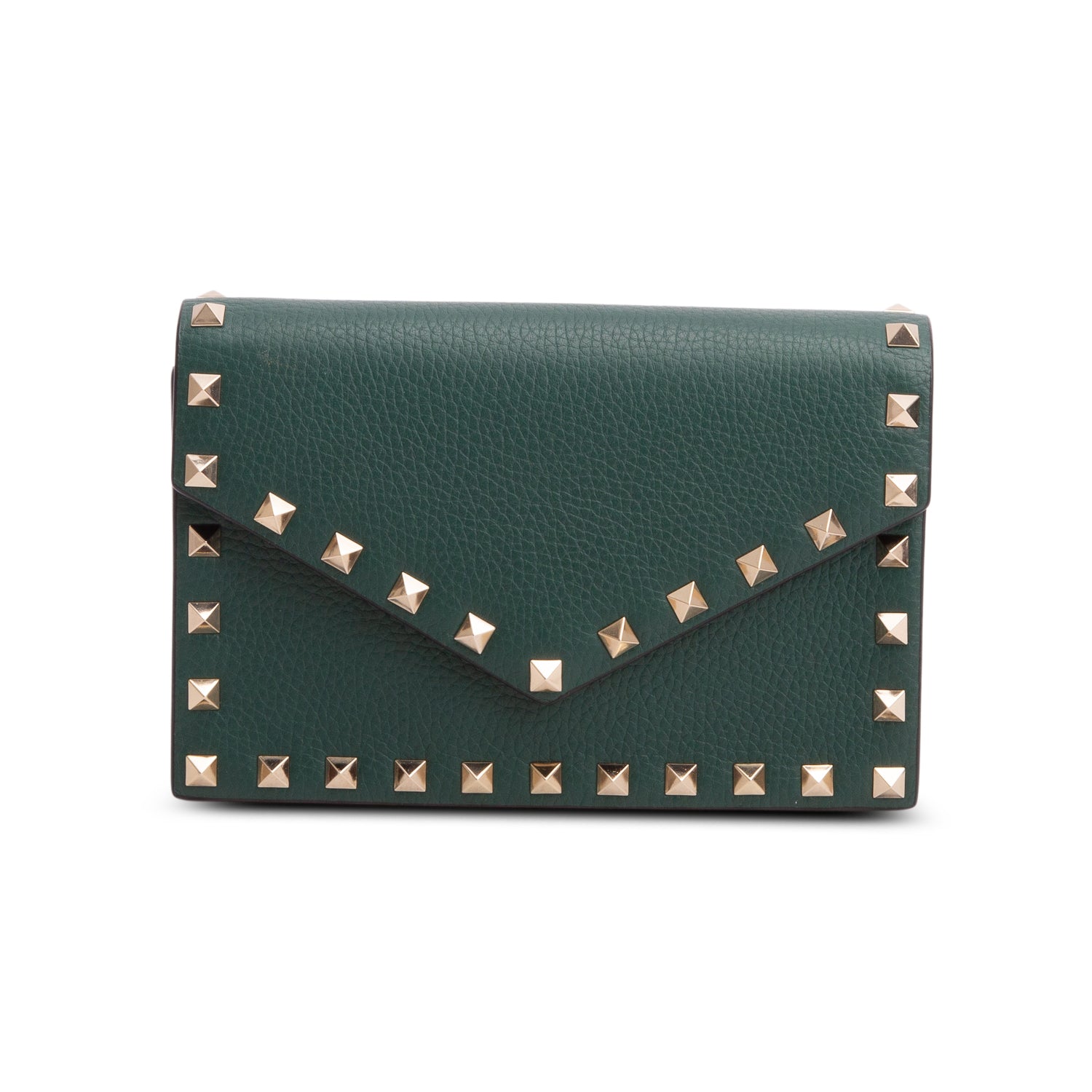 Valentino Green Vitello Rockstud Enveloppe Wallet on Chain w/ Box