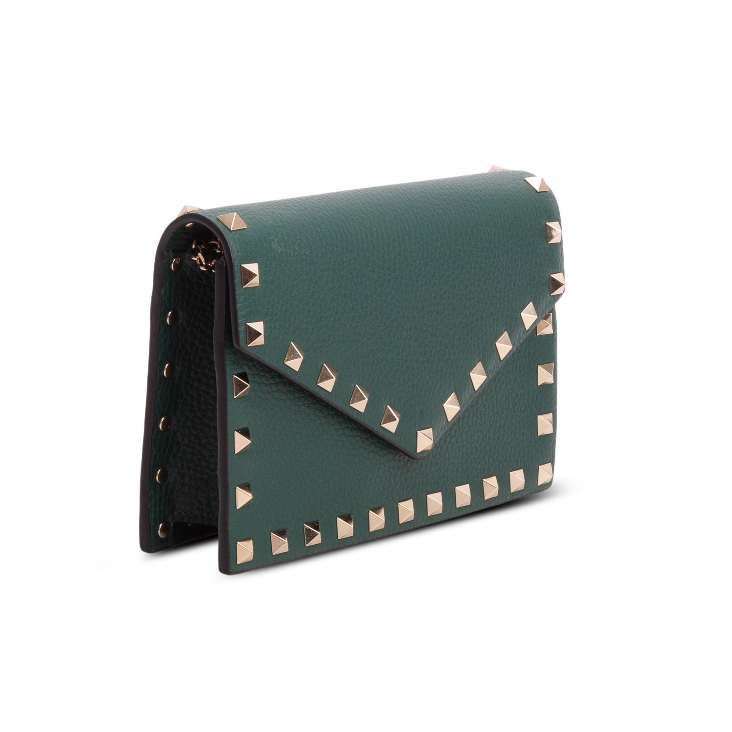 Valentino Green Vitello Rockstud Enveloppe Wallet on Chain w/ Box