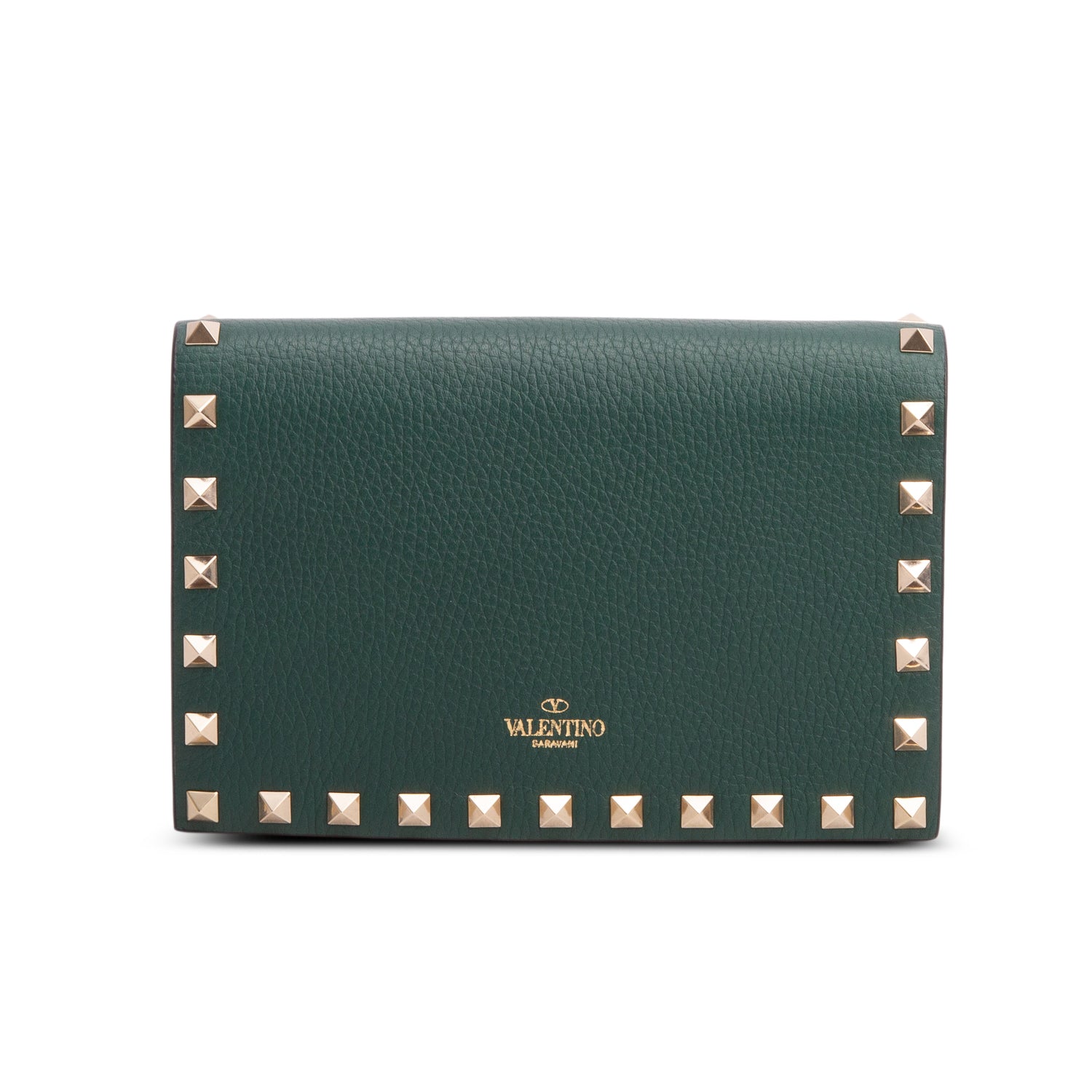 Valentino Green Vitello Rockstud Enveloppe Wallet on Chain w/ Box