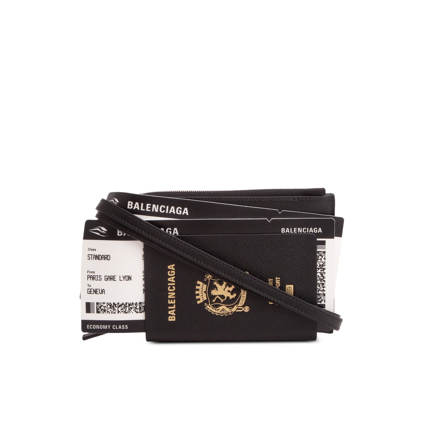 Balenciaga Black Textured Calfskin Passport Phone Holder w/ Box & Strap