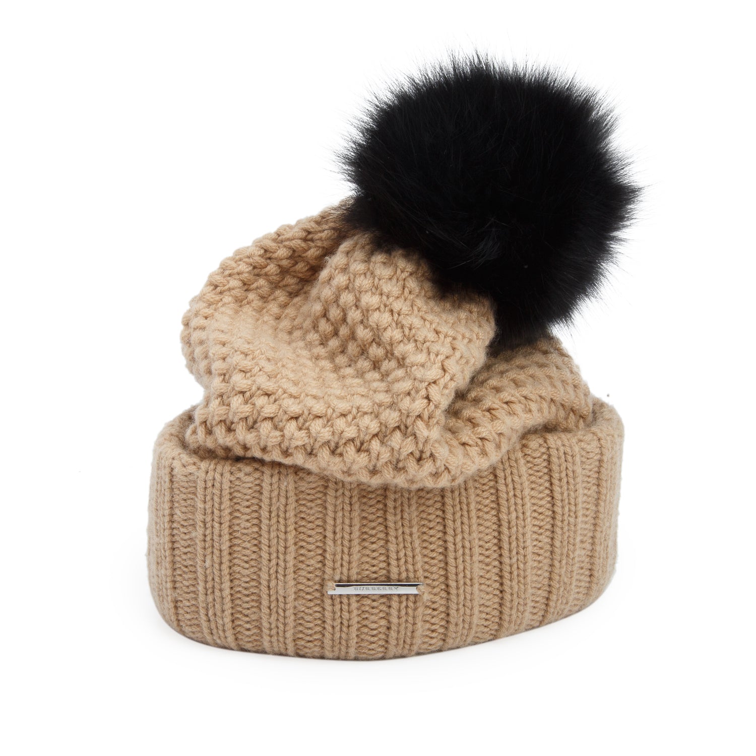 Burberry Beige Wool/Cashmere Blue Fox Fur Pompom Beanie