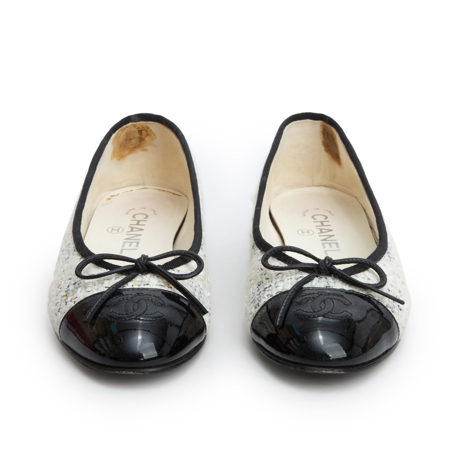 Chanel Cream Tweed Patent Leather Cap Toe Ballet Flats, Size 36.5 w/ Box