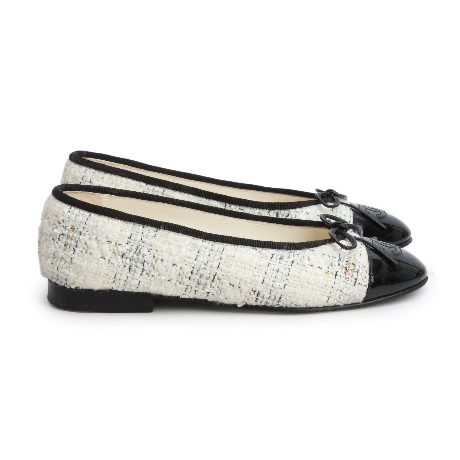 Chanel Cream Tweed Patent Leather Cap Toe Ballet Flats, Size 36.5 w/ Box