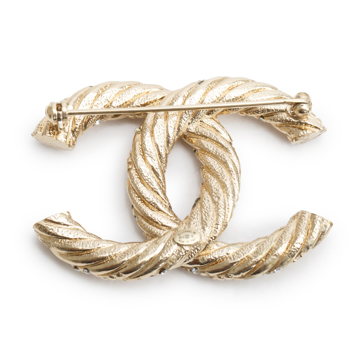 Chanel Gold Plated Strass Twisted CC Pin Brooch w/ Box