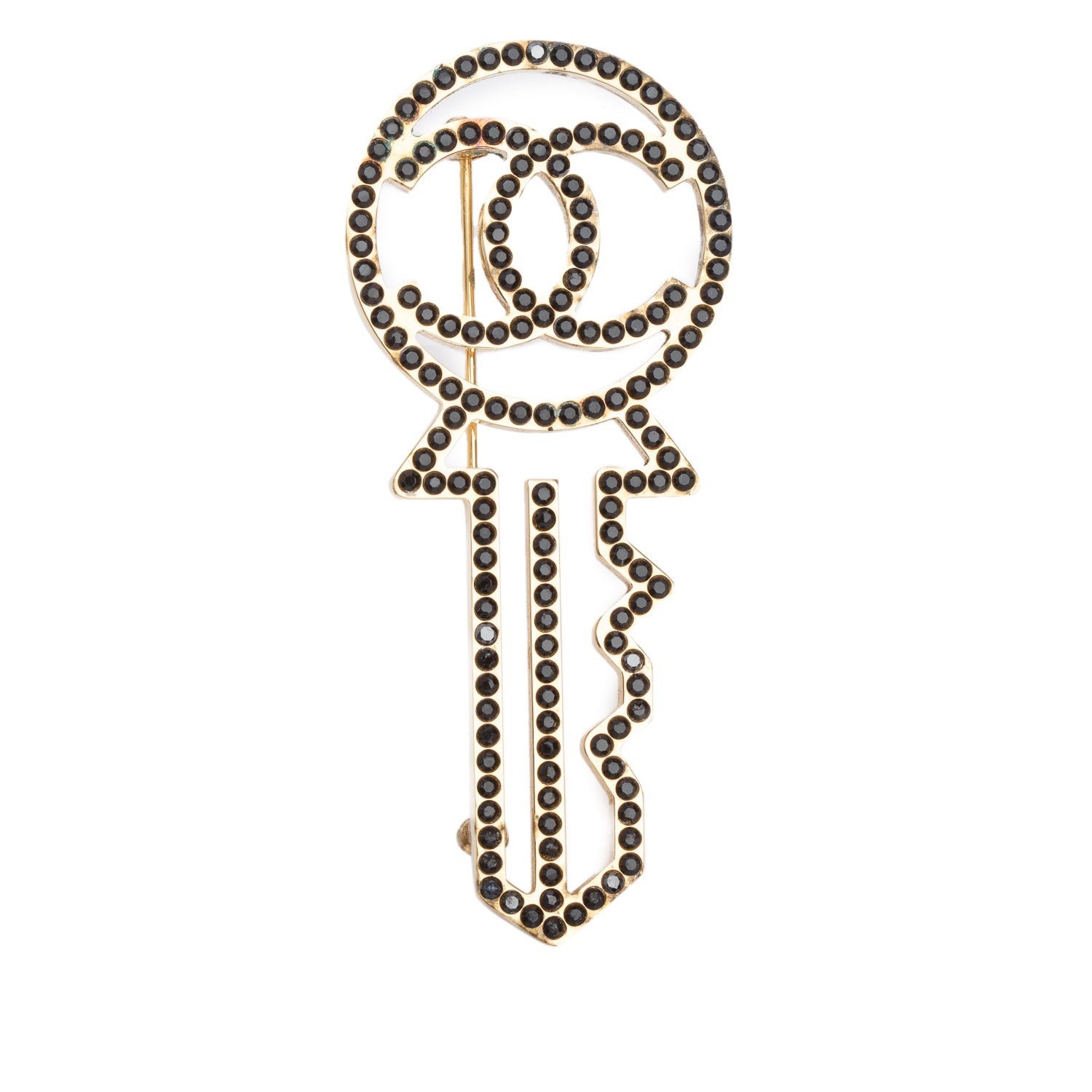 Chanel Gold Plated Strass CC Key Pin Brooch w/ Box