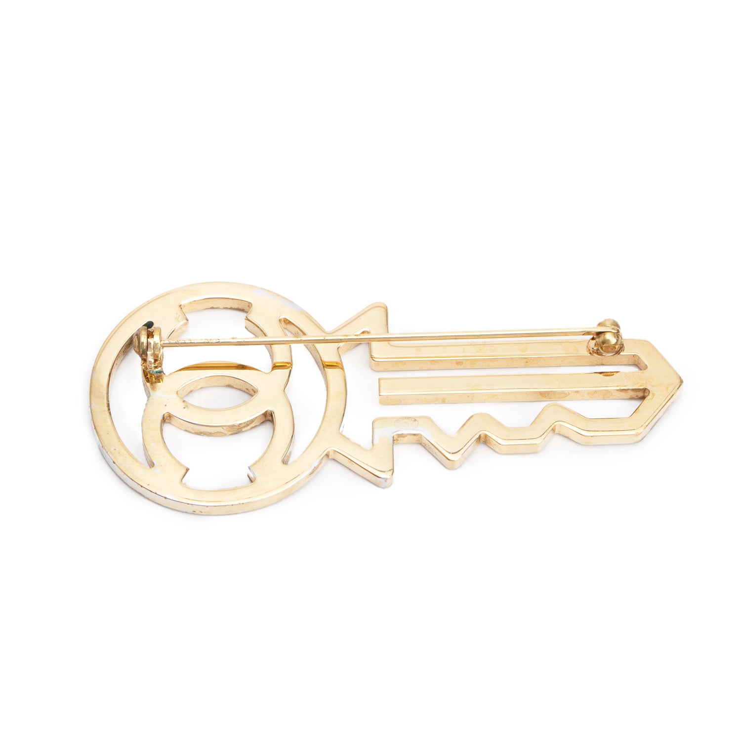 Chanel Gold Plated Strass CC Key Pin Brooch w/ Box