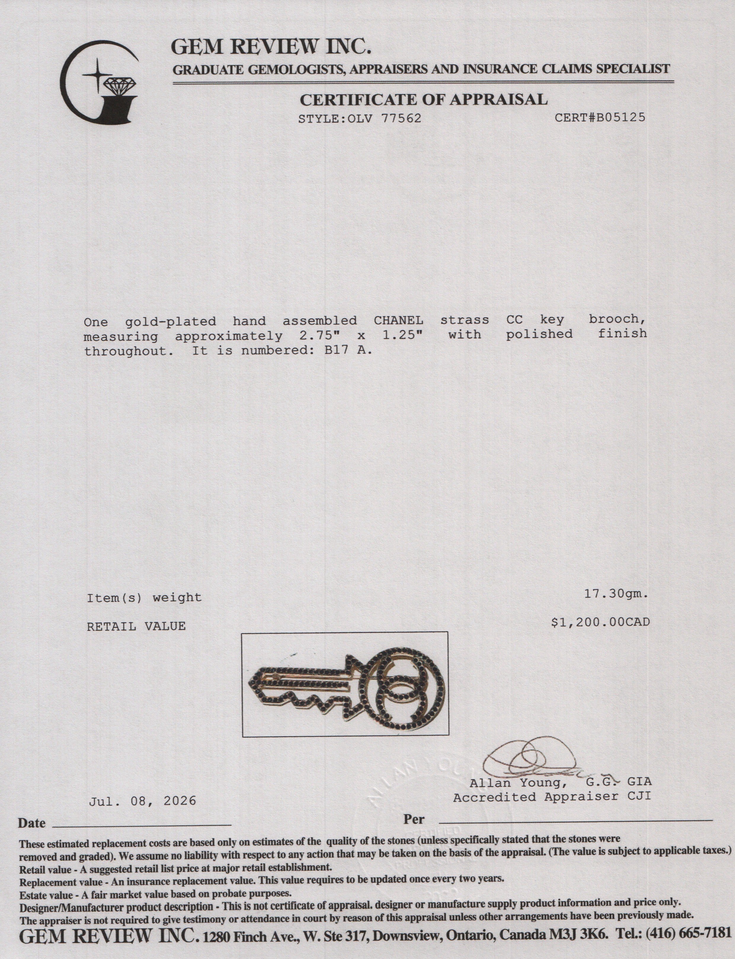 Chanel Gold Plated Strass CC Key Pin Brooch w/ Box