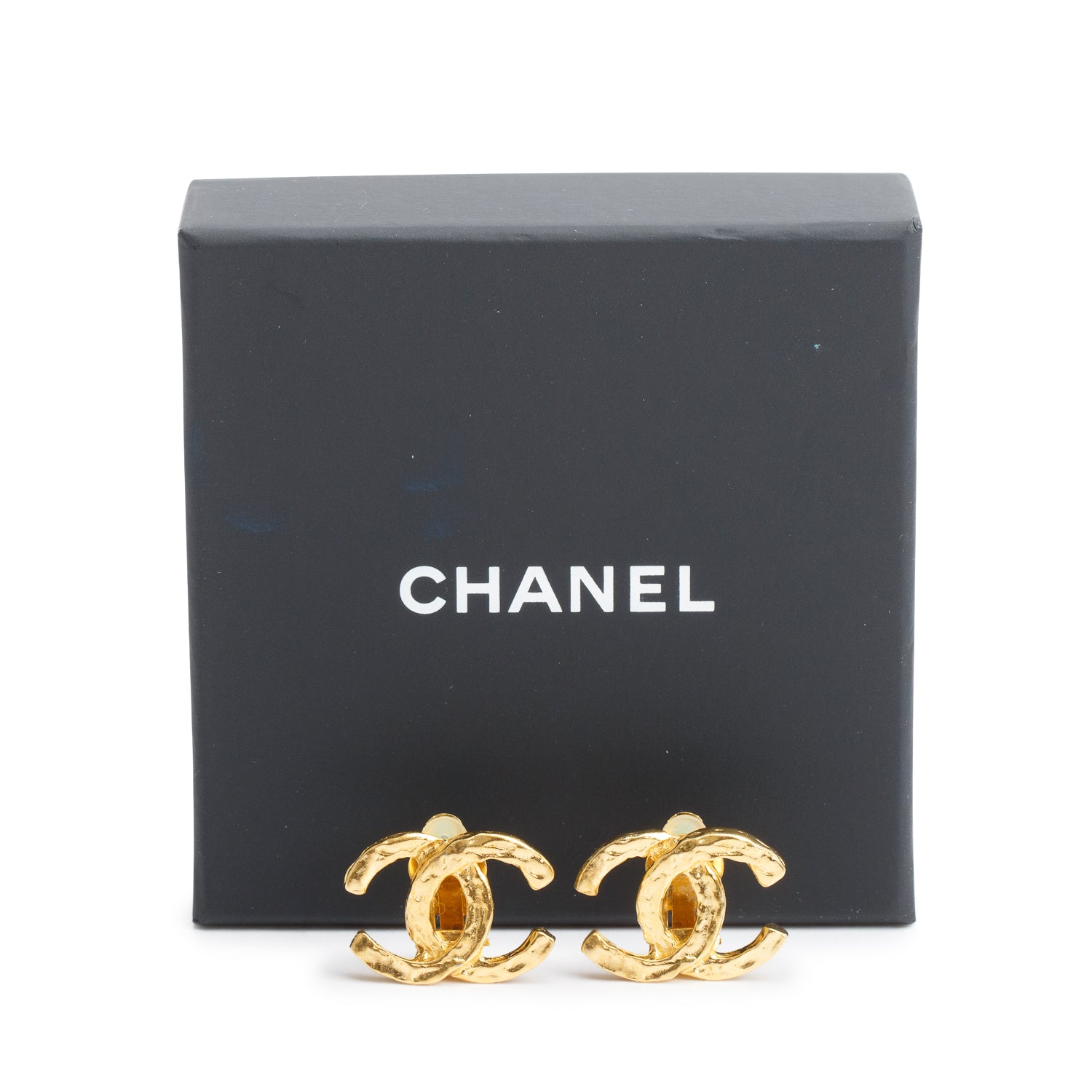 Chanel Vintage Gold-Plated Textured CC Clip-On Earrings w/ Box