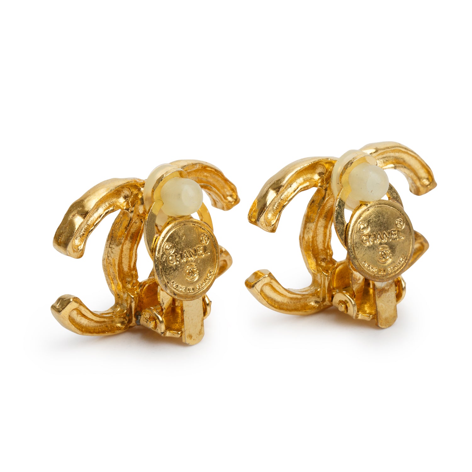 Chanel Vintage Gold-Plated Textured CC Clip-On Earrings w/ Box