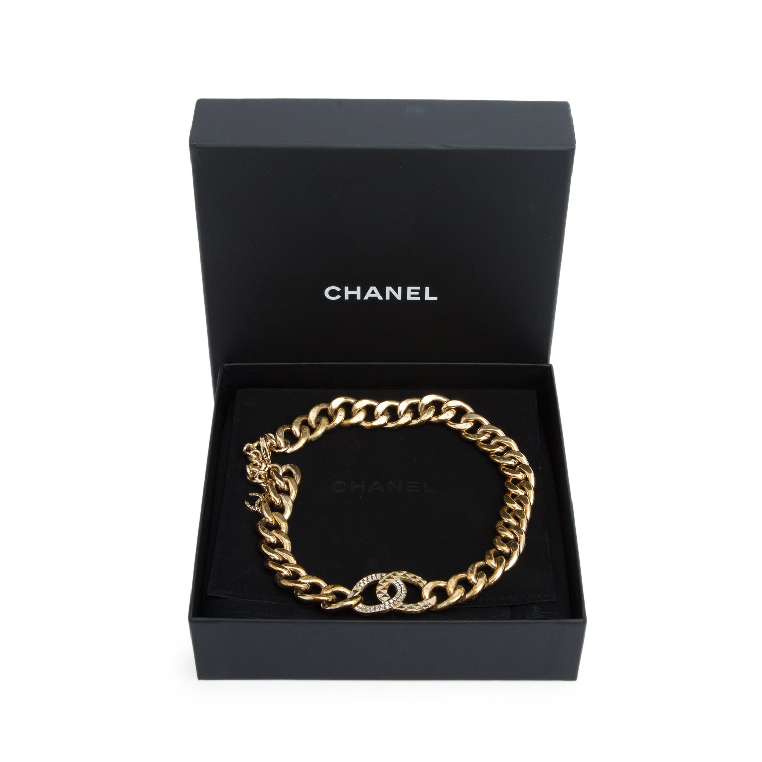 Chanel Gold Plated Strass CC Curb Chain Choker Necklace w/ Box