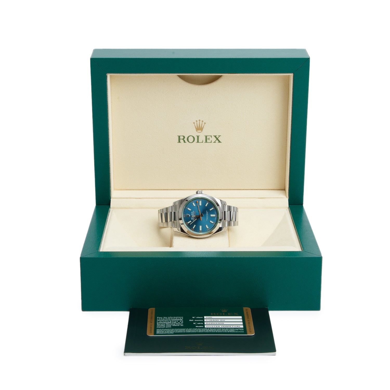 Rolex Stainless Steel Milgauss Green Crystal 40 MM Watch Blue Dial 116400GV w/ Box & Papers