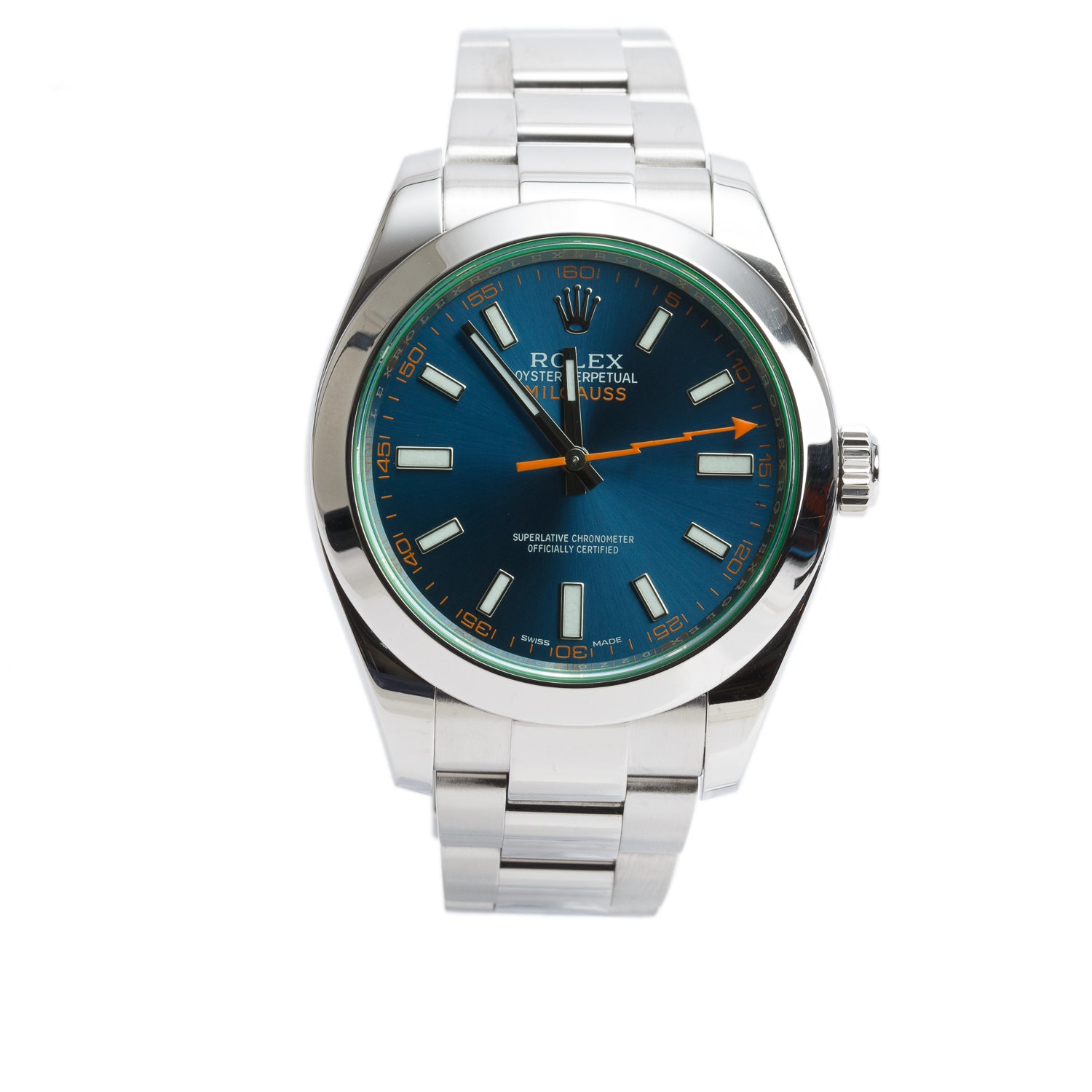 Rolex Stainless Steel Milgauss Green Crystal 40 MM Watch Blue Dial 116400GV w/ Box & Papers