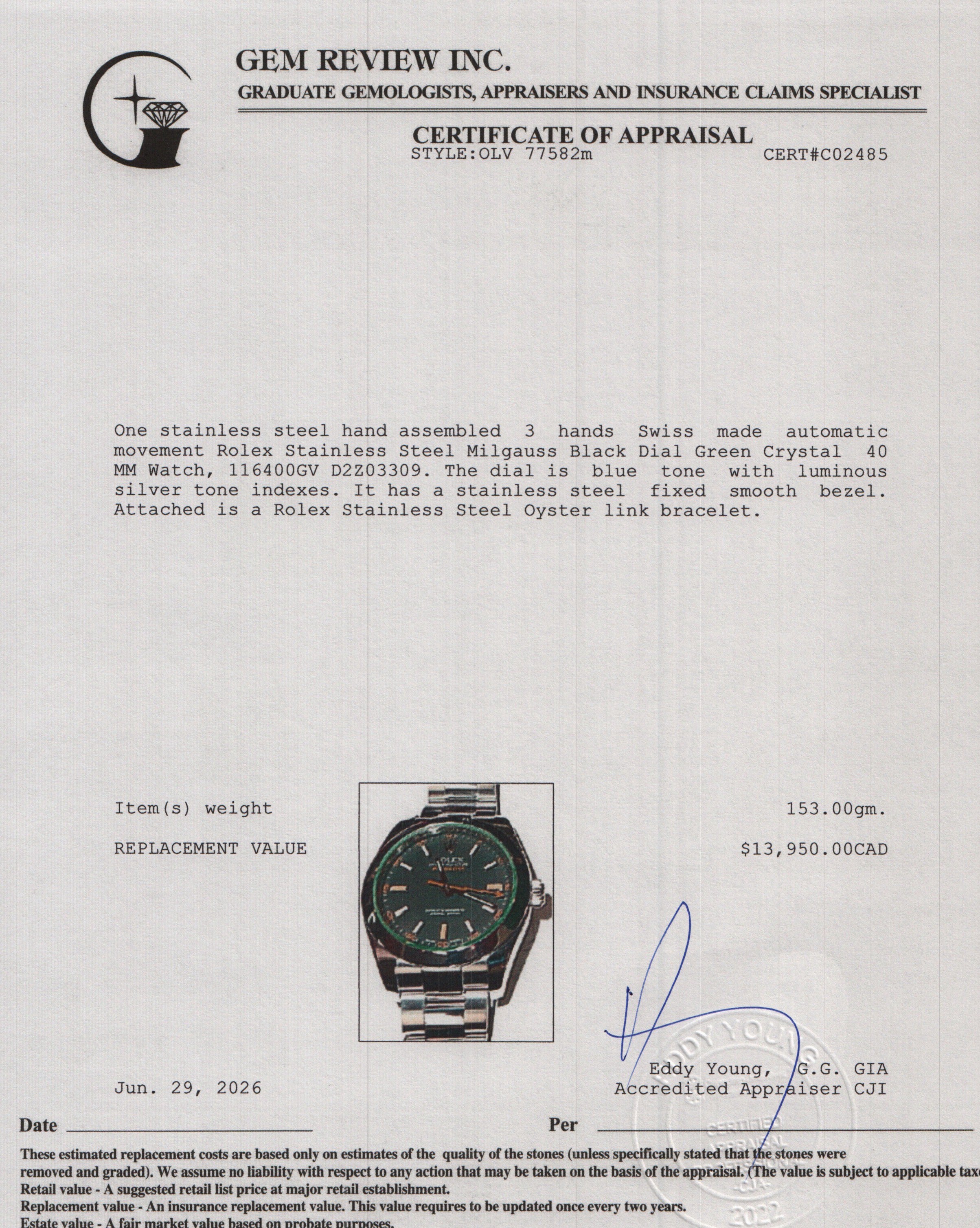 Rolex Stainless Steel Milgauss Green Crystal 40 MM Watch Blue Dial 116400GV w/ Box & Papers