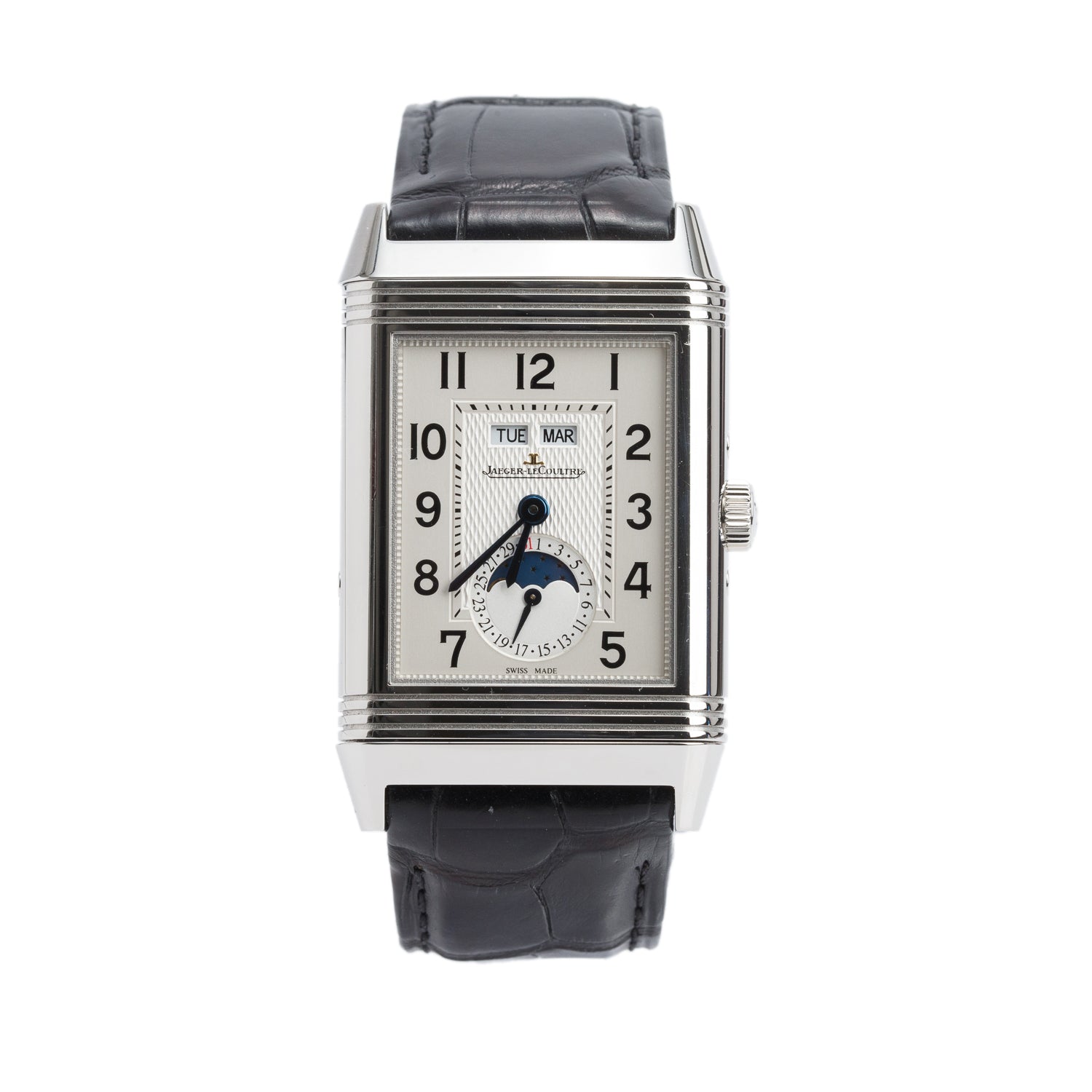 Jaeger-LeCoultre Stainless Steel Grande Reverso Calendar 30 MM Manual Watch Silver Dial w/ Box & Papers