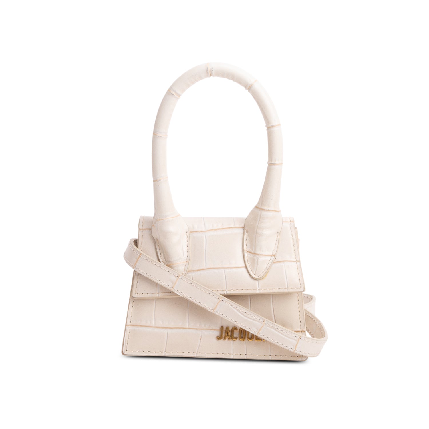 Jacquemus Cream Croc-Embossed Leather Mini Signature Le Chiquito Handle Bag w/ Strap