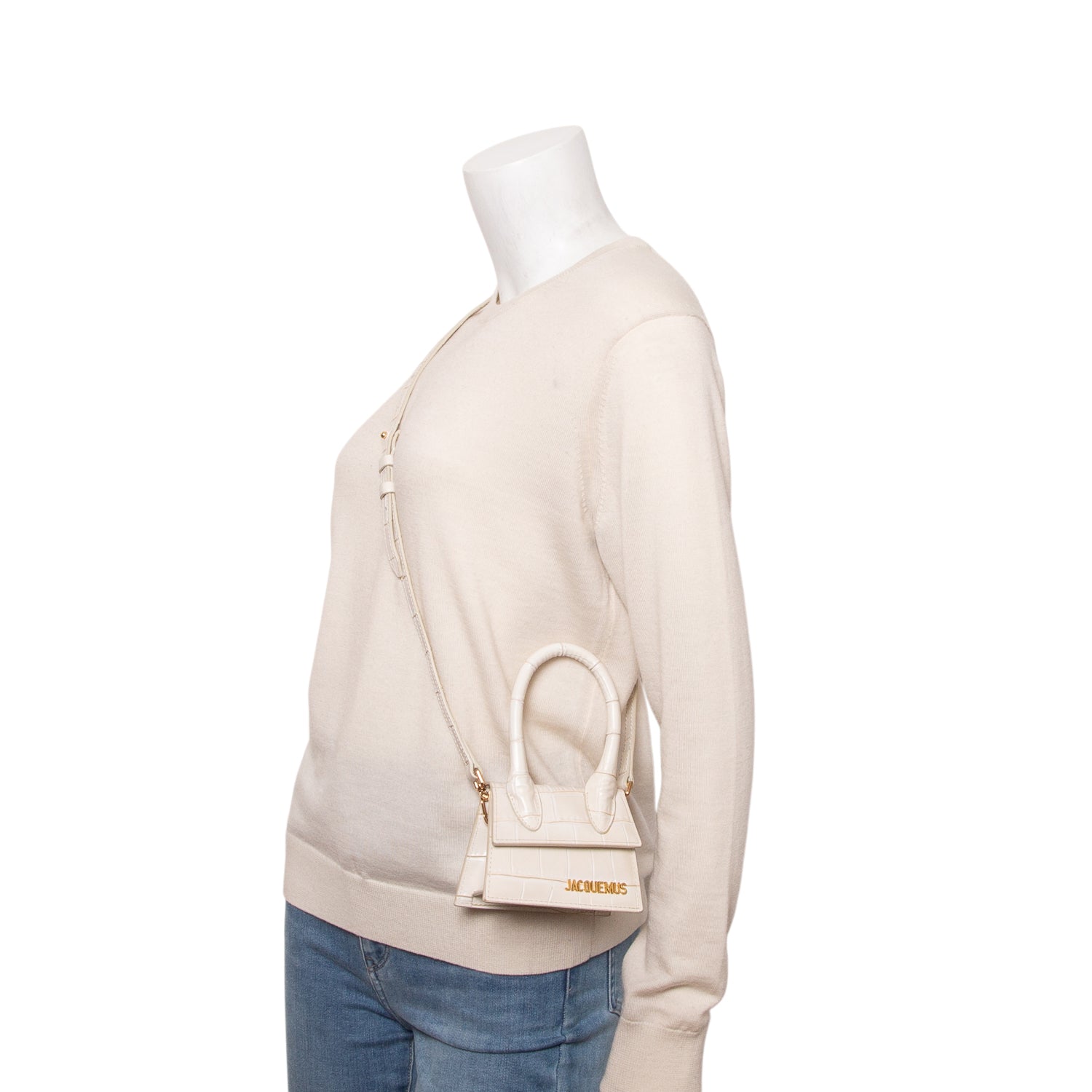 Jacquemus Cream Croc-Embossed Leather Mini Signature Le Chiquito Handle Bag w/ Strap
